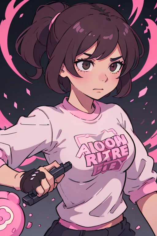 (mejor calidad:0.8) perfect anime illustration, an evil woman with short brown hair with pink, ama los explosivos y sus bombas sueltan color rosado y tiene un traje negro con detalles rosados, She is super agile and likes to throw bombs that release pink paint and use firearms that release bullets and pink explosions. The smoke is pink and she has an evil character.