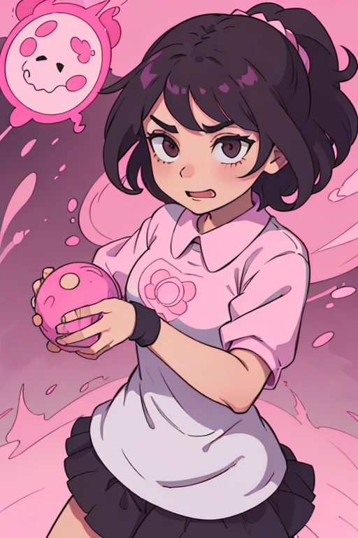 (mejor calidad:0.8) perfect anime illustration, an evil woman with short brown hair with pink, ama los explosivos y sus bombas sueltan color rosado y tiene un traje negro con detalles rosados, She is super agile and likes to throw bombs that release pink paint and use firearms that release bullets and pink explosions. The smoke is pink and she has an evil character.