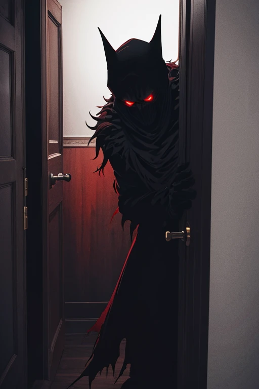 Monster with menacing presence, the boogeyman of folklore, his red eyes glowing ominously in the dark, cast long, ominous shadows on the wall,