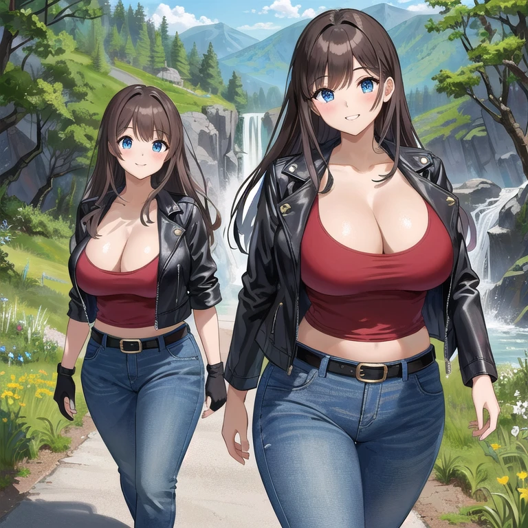 A Beautiful Young Girl, walking in the woods of a Beautiful Mountain Range, beautiful view of a waterfall and a rocky cliffside in the background, with a glimpse of the mountains in the distance. She has ((Lush, Thick, Long Dark-Brown Hair)), (Big Beautiful Blue Eyes), ((Extremely Large Breasts)), wide hips, decently muscular, and has a 5.8 feet tall athletic and Curvy Figure. She is wearing a ((Black-Leather-Jacket)), (weathered, Red Shirt), ((Heavily worn and weathered, Dark-Blue Jeans, with a Leather Belt)), and (Black Leather Fingerless Gloves). Looking at the viewer with a soft grin, and an adventurous and confident expression. ((Best Quality)), ((Best Resolution)), ((Highest Detail)), ((Perfect Anatomy)), (Solo), ((Perfect Lighting/Shadows)), big cleavage, (Realistically Weathered Clothing), (Accurately Colored),