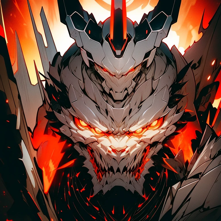a close up of a robot with horns, ross tran and bayard wu, detailed symmetrical, grey orange, by Aleksander Orłowski, muscular male undead cyborg, monstrous skull, inspired by Gu Zhengyi, asmodeus, angry female cyborg, partially cybernetic, bull, tachikoma, moloch, japanese anime artist drawn