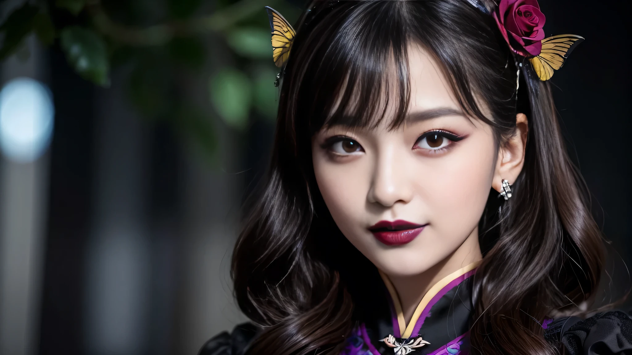best quality、ultra-detailed、4k、Japanese、Seductive beauty、seductive adult woman、Pretty Woman、cool girl、Villainess、Brainwash、Fallen into evil、smirk、Evil look、Wicked Smile、evil、Brown hair、wavy hair、swept bangs、Butterfly Hair Ornament、dark makeup、dark makeup、piercing eyes、hollow eyes,half-closed eyes、Hollow Eyes、Purple Eyeshadow、black lipstick、black lipglos、Long Black Cheongsam、Wide sleeves、night、inside darkroom、Having lipstick、Engraving a rose pattern、Emblem of Evil、Crest of Darkness、Swear allegiance、I have pledged my allegiance、Dye black、Blackening、Stained with evil、Dyed in darkness、Spread your hands