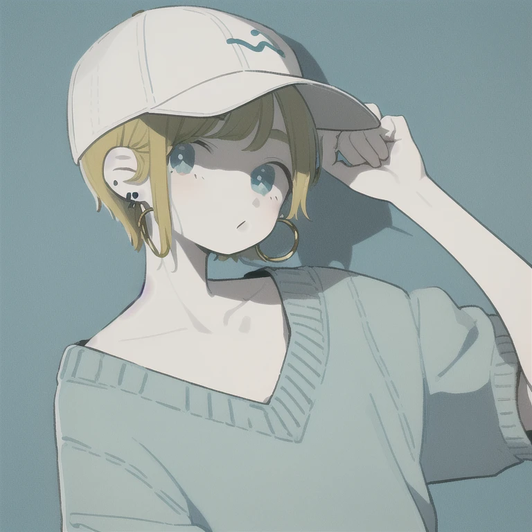 masterpiece, highest quality, One girl, Aqua Eye, Baseball cap, Blonde, Earrings, Blue background, Have, hoop Earrings, jewelry, View your viewers, shirt, short hair, Simple Background, alone, Upper Body,sweater