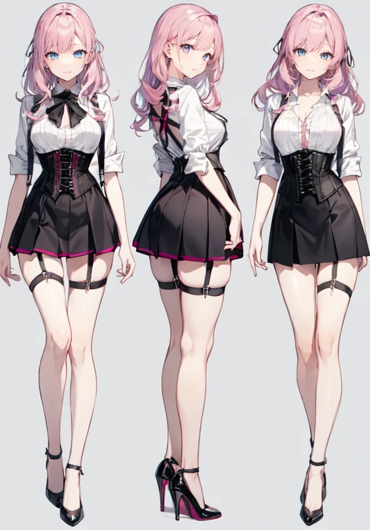 pink hair,Long hair,Adult female,Bartender,((Body harness)),((Rolling up your sleeves shirt)),(Corset),(Tight skirt),Garter belt,High heels,((Simple background)),Smile,((Full body)),((whole body)),Character Sheet,