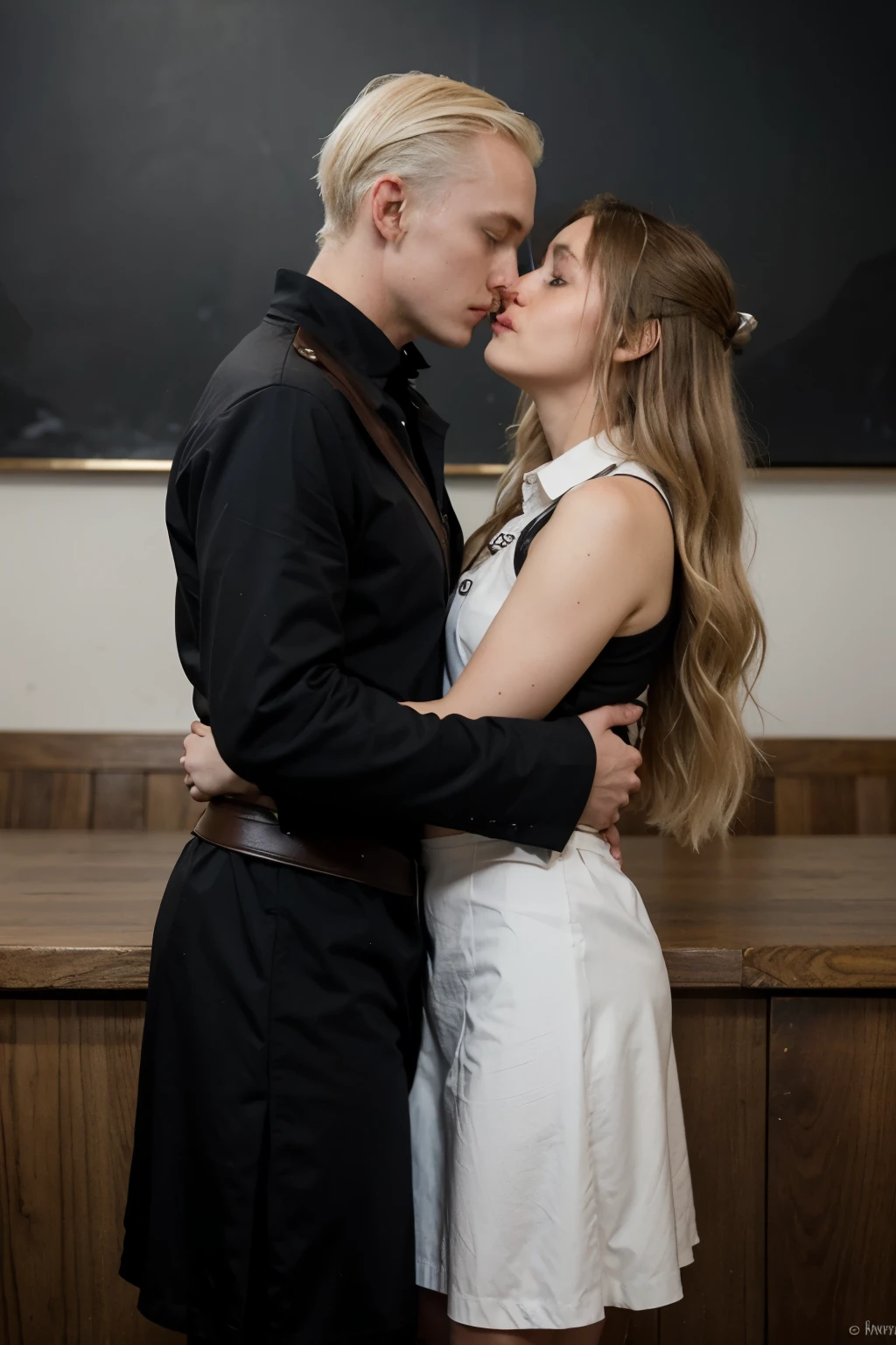 Puedes crear una imagen de draco malfoy con una chica de tes clara ojos cafe obscuro cabello obscuro en los pasillos de howgarts dandose un beso con el uniforme de howgarts y que la chica sea slytering y draco tambien sea slytering