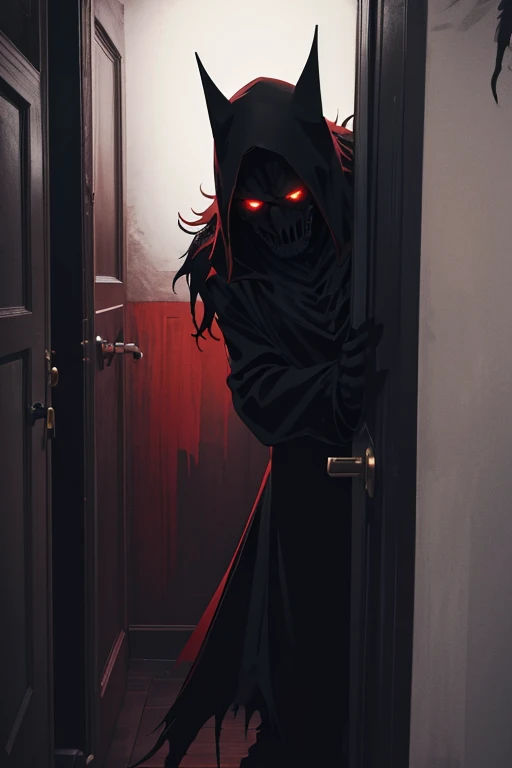 Monster with menacing presence, the boogeyman of folklore, his red eyes glowing ominously in the dark, cast long, ominous shadows on the wall,