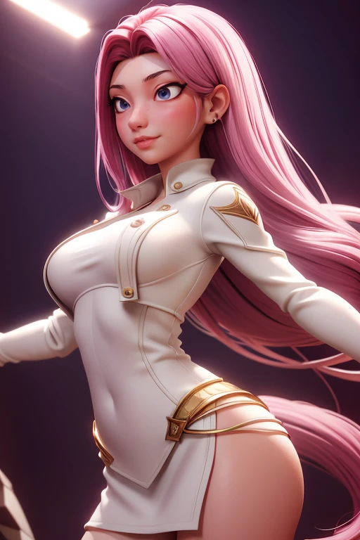dynamic lighting, ((Un estudio en rosa)), Una princesa barbie, fondo rosa, Cara delicada, piel blanca(lindo:1.3), (pale skin:1.1), (sonrisa suave:1.1), cara detallada, textura de piel detallada, Rayo de sol, por Ilia Kuvshinov, nina masic, natural lighting, subsurface dispersion, florido, cabello rosado, tiro de vaquero, atmospheric perspective, retina, Piel texturizada, anatomically correct, mejor calidad, premiado
