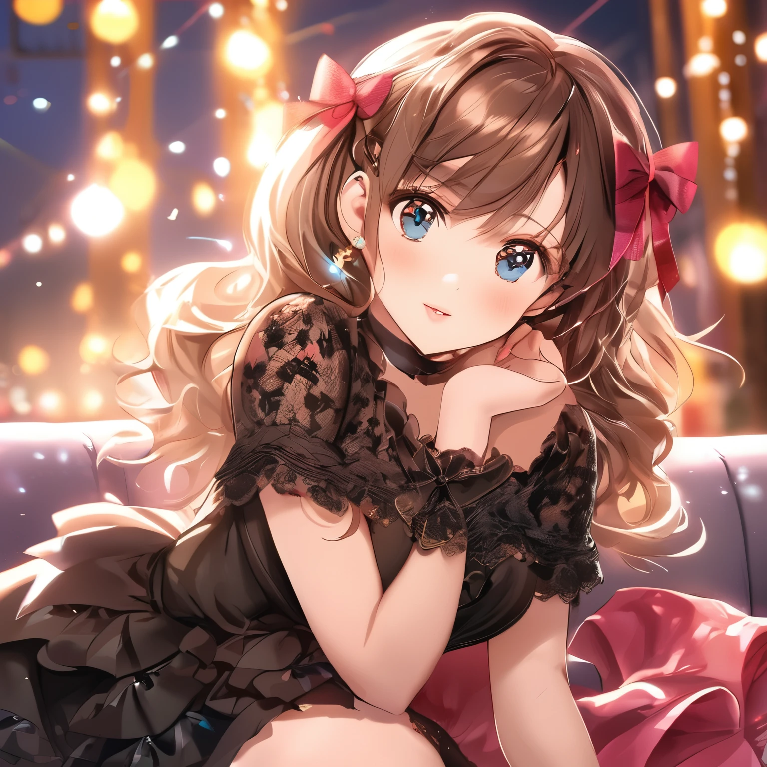 (highest quality:1.5, High resolution, 超High resolution, 8k, Detailed lighting, Shaders), Beautiful and cute face,Show me big breasts,Brown Hair, Layered Hairstyles, Red cute ribbon, Pink cute dress, Street background, Colorful eyeshadow, Dramatic lighting, Sparkling eyes, Confident expression, Gold earrings, Layered Hairstyles, Delicate facial features, Soft Skin, high cheekbones, Clothes with lots of frills and lace,,, Looking at the audience, Sharp focus, Best lighting effects,Sitting on the couch,Show me your legs,