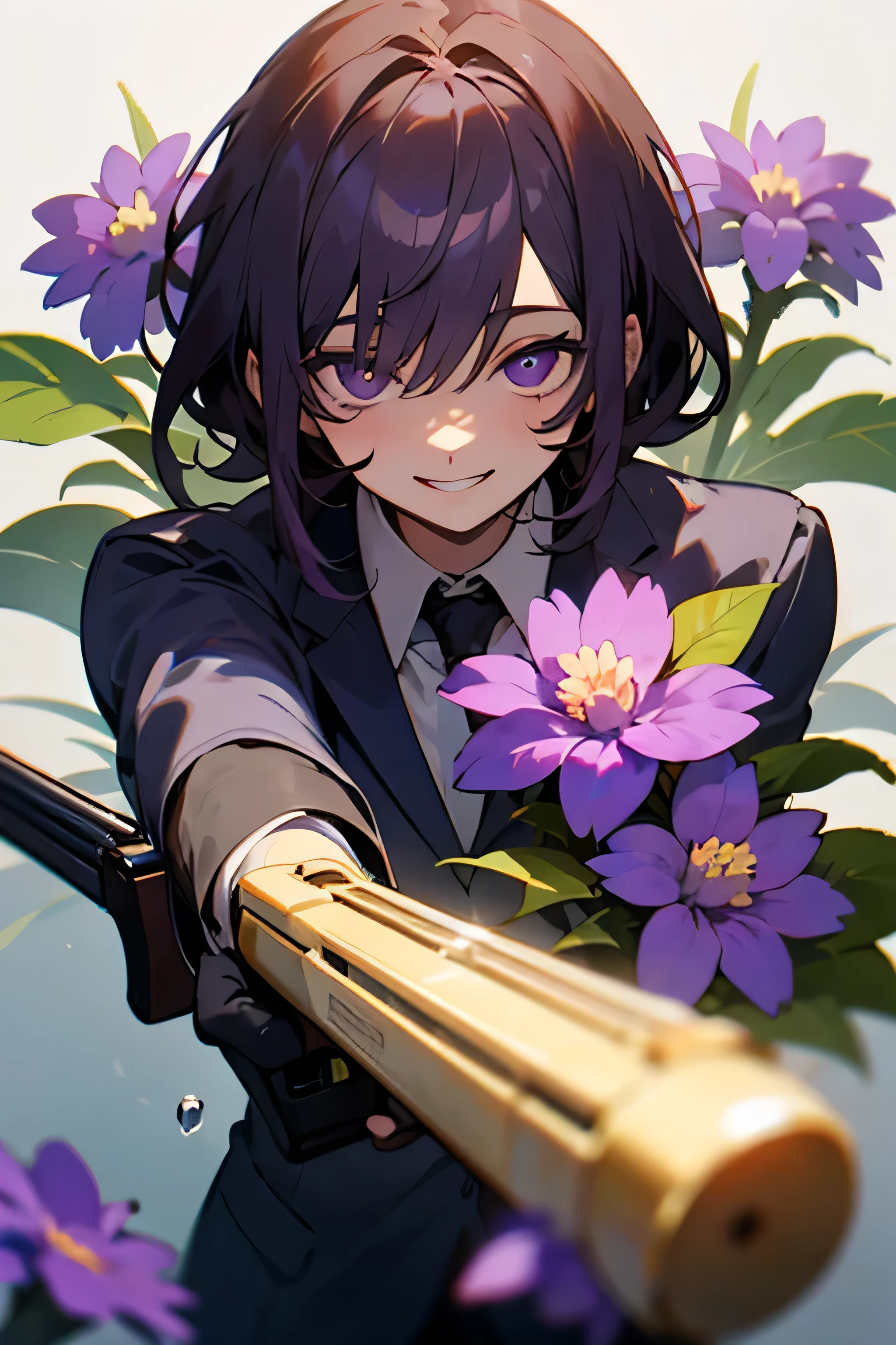 Dark hair, purple eyes, Shining eyes, purple flowers, Suit, Shining eyes, holding a gun, maniac smile, smilling like a maniac, Male yandere