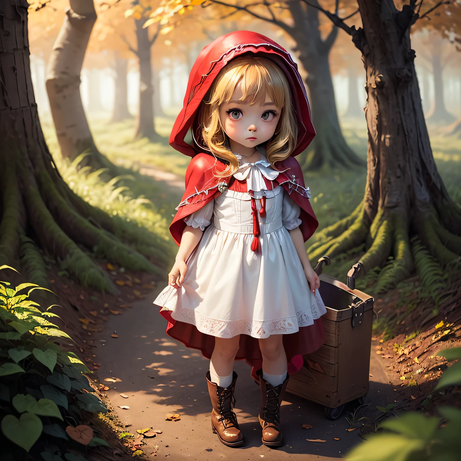 masterpiece、top-quality、ultra-detailliert、(Chibi Chara:1.2)(Little Red Riding Hood:1.5),(white dress:1.3)Red braided boots、Chibi Chara Wolf、Fairytale Autumn Forest