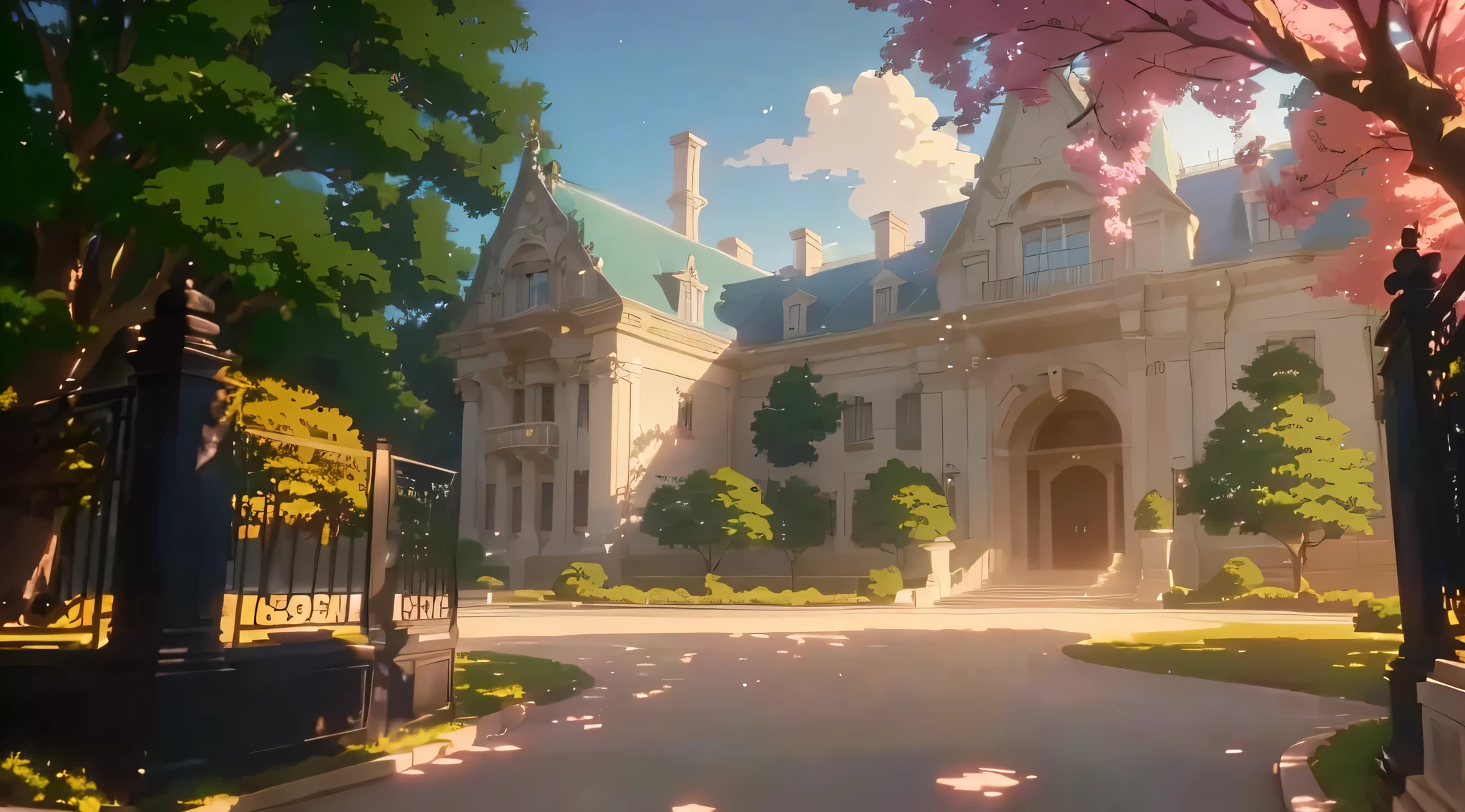 cena de anime of a large mansion with a gate and a tree, anime arte de fundo, cena de animery concept art, cena de animery, high school background, ( ( makoto shinkai ) ), beautiful cena de anime, beautiful cena de animery, madhouse studio anime style, arte de fundo, makoto shinkai. —h 2160, cena de anime, fundo de filme de anime, imagem 8K, desenho bonito, arte detalhada, art 4K