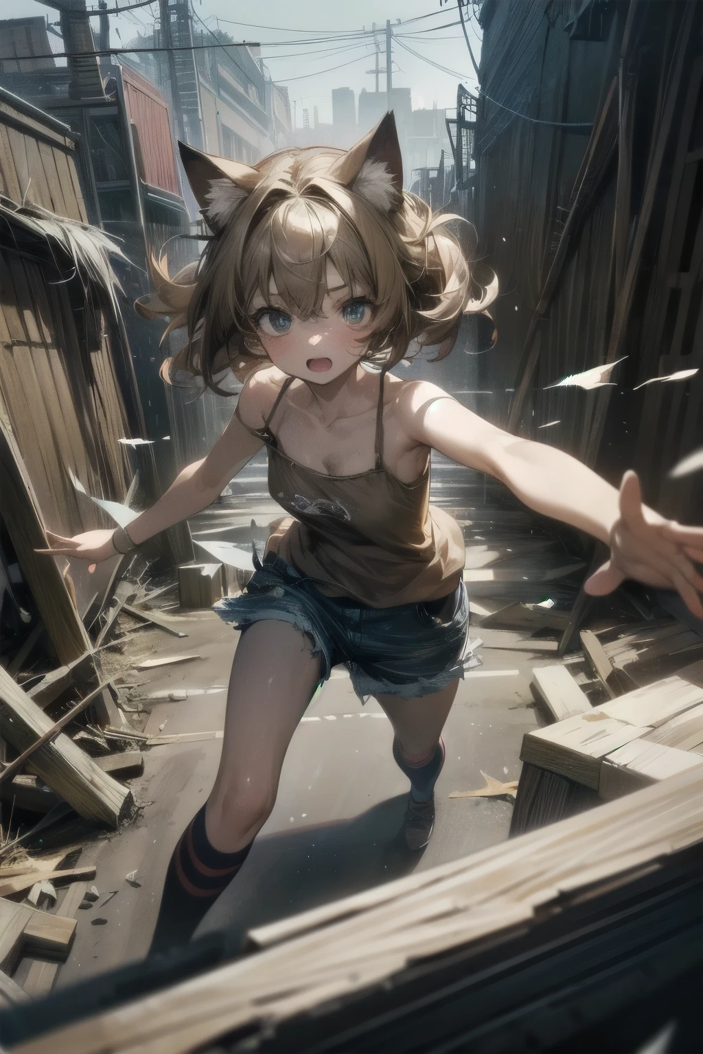 ((Masterpiece)), ((best quality)), (messy lineart:1.2), (super detail:1.2), (High Definition), (Professional Photography:1.2), ((12 years old)), cinematic lighting, (messy hair), stooped posture, Forward leaning posture, slightly exposed small breast, (badly tattered and torn camisole), (dirty white camisole), Slender body, cute small breast, open mouth, (Crystal eyes), Textured skin, cat ears, pale brown hair, Cute Beautiful girl, cute teenage girl,BREAK, ((best quality)), (outstretched arms), slum townscape,