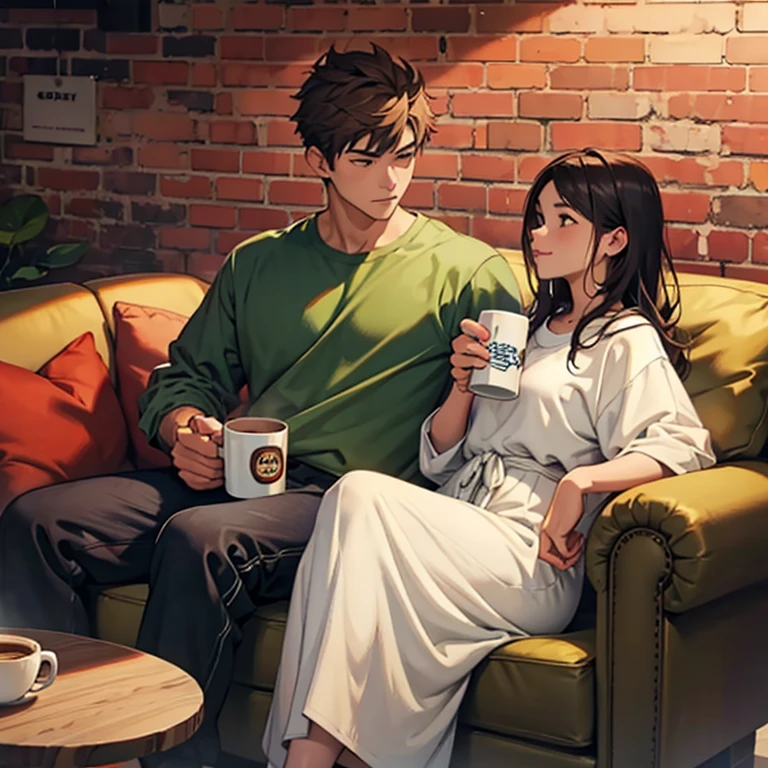 A couple sitting on a sofa with a brick wall in the background, both drinking coffee in a mug and wearing comfortable clothes