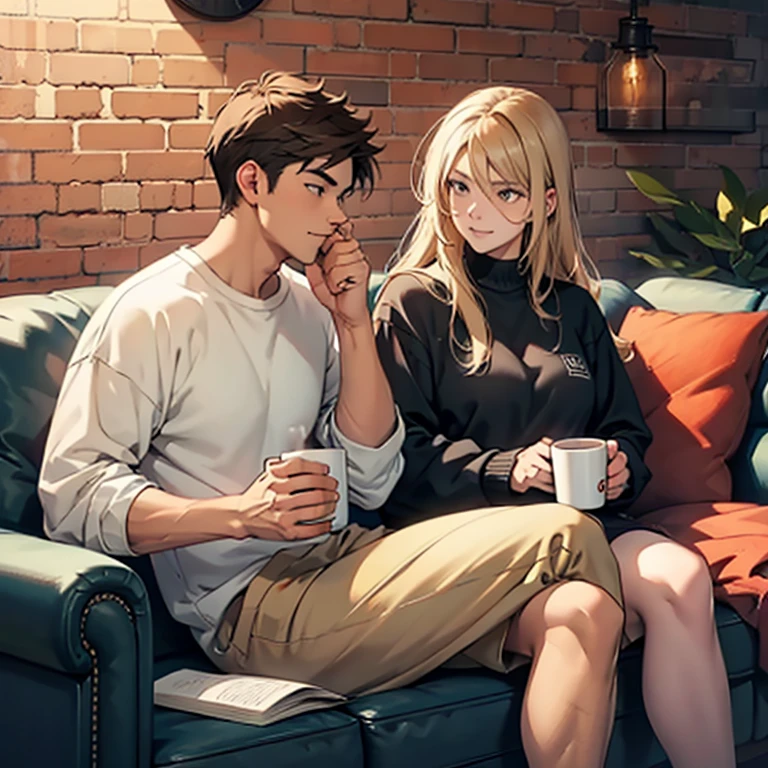 A couple sitting on a sofa with a brick wall in the background, both drinking coffee in a mug and wearing comfortable clothes