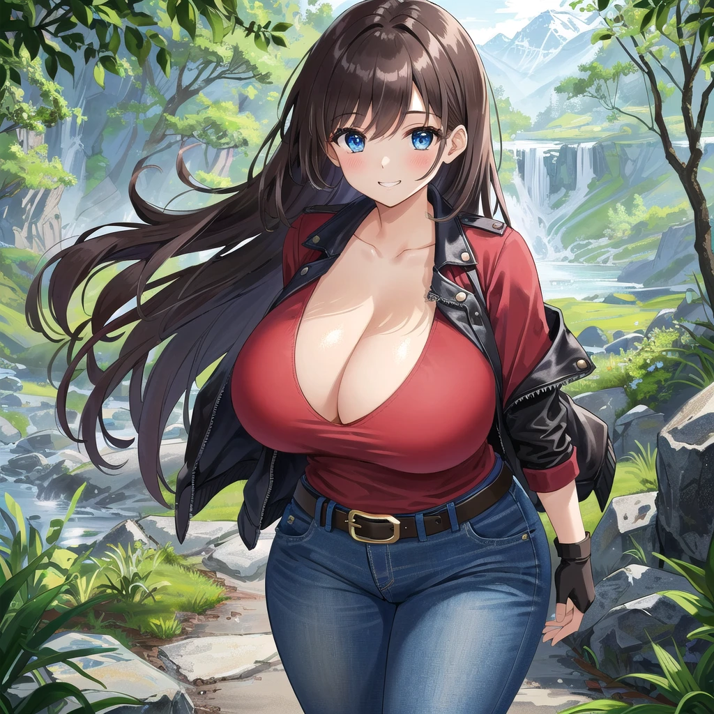 A Beautiful Young Girl, walking in the woods of a Beautiful Mountain Range, beautiful view of a waterfall and a rocky cliffside in the background, with a glimpse of the mountains in the distance. She has ((Lush, Thick, Long Dark-Brown Hair)), (Big Beautiful Blue Eyes), (Excessively Gigantic Breasts), wide hips, decently muscular, and has a 5.8 feet tall athletic and Curvy Figure. She is wearing a ((Black-Leather-Jacket)), (weathered, Red Shirt), ((Heavily worn and weathered, Dark-Blue Jeans, with a Leather Belt)), and (Black Leather Fingerless Gloves). Looking at the viewer with a soft grin, and an adventurous and confident expression. ((Best Quality)), ((Best Resolution)), ((Highest Detail)), ((Perfect Anatomy)), ((Perfect Lighting/Shadows)), big cleavage, (Realistically Weathered Clothing), (Accurately Colored),