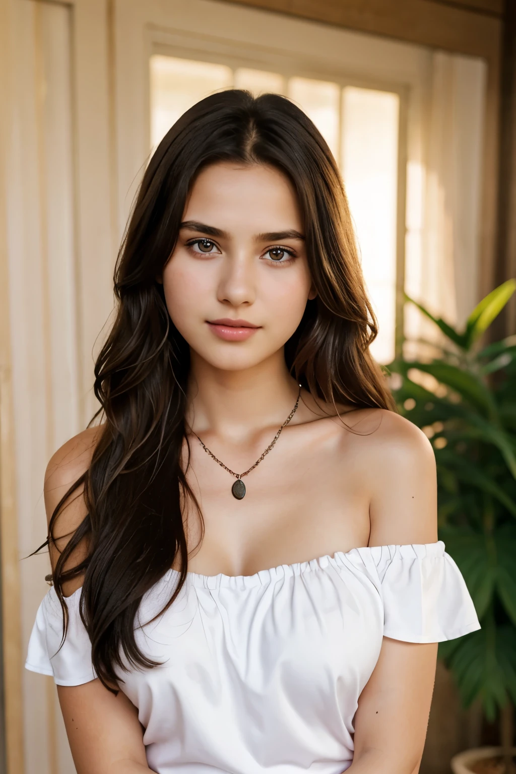 1girl 13 year old, solo, long hair, big breasts, looking at viewer, black hair, bare shoulders, brown eyes, jewelry, full body, necklace, off shoulder, short white and pink blouse, lips, realistic, nose, flirting with camera