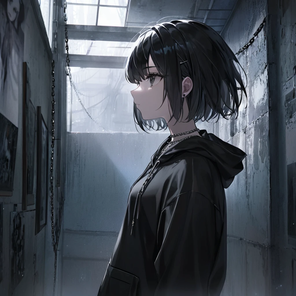 1girl, short black hair, dark fashion outfit, shiny diamond chains, grunge hoodie, contemplative, atmospheric, ethereal, dark scenery, empty room, artwork, cover art, close up, head shot