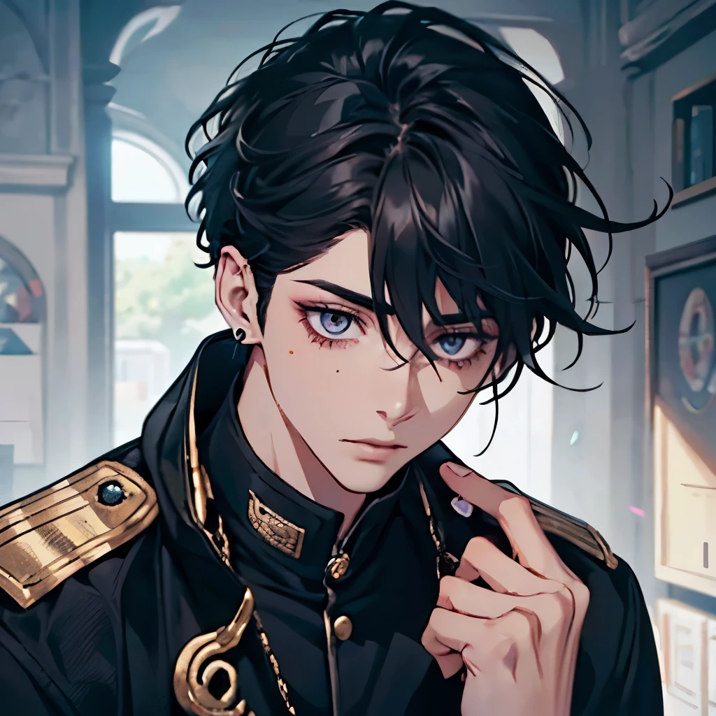 Chico de cabello negro y rubio con un ojo negro y el otro gris per con una cicatriz, pale skin, freckles and a snake earring in the right ear and has the UA Academy uniform from boku no hero academy