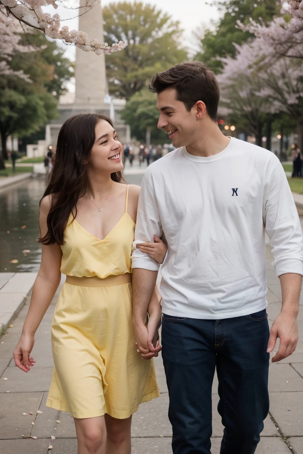 * Center Frame: A young, diverse professional couple (late 20s/early 30s) smiling and holding hands while walking past the Washington Monument in the golden afternoon light. 
* Background: Blurred bokeh effect showcasing the vibrant cherry blossom trees lining the reflecting pool.
* Text Overlay: "D.C. Date Night: Nightlife, Food & Fun for Young Couples!" (Yellow text with a slight drop shadow, using a custom YouTube logo variation with a cherry blossom incorporated)
