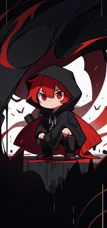 chibi drawing, hooded man, black clothing, red eyes