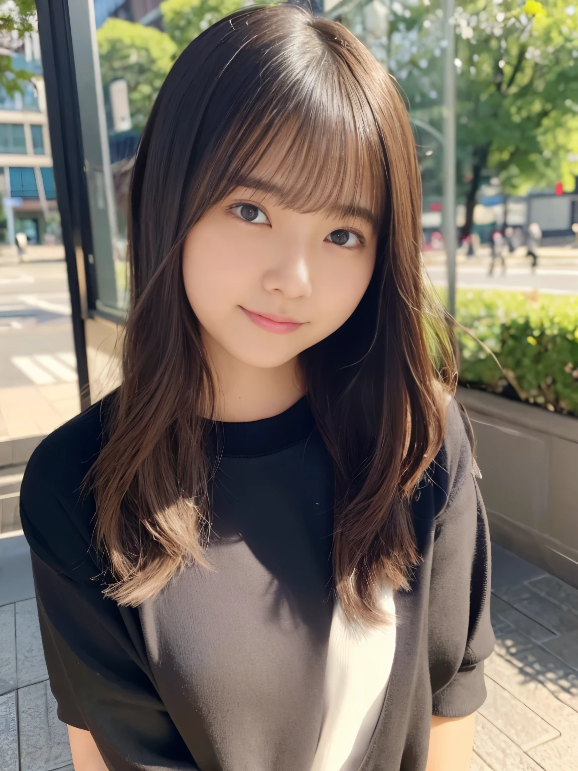 Photorealistic, 8k full body portrait, Beautiful woman, attractive表情, ponytail, , Tokyo, Winters, Shibuya in the background、、((No makeup))、(Realistic、Photorealistic、Ultra-detailed、Best detailed skin、highest quality、masterpiece、超A high resolution)、Cute Japanese Woman、16 years old girl、Young girl、1 girl、Has bangs、double eyelid、Drooling eyes、Big black eyes、attractive、purity、Cute Smile、Natural smile、Watch it here、Realistic肌タイプ、Fluffy hair、Red cheeks、The wind is blowing、illumination、The light is coming from behind、Medium Bob Cut
