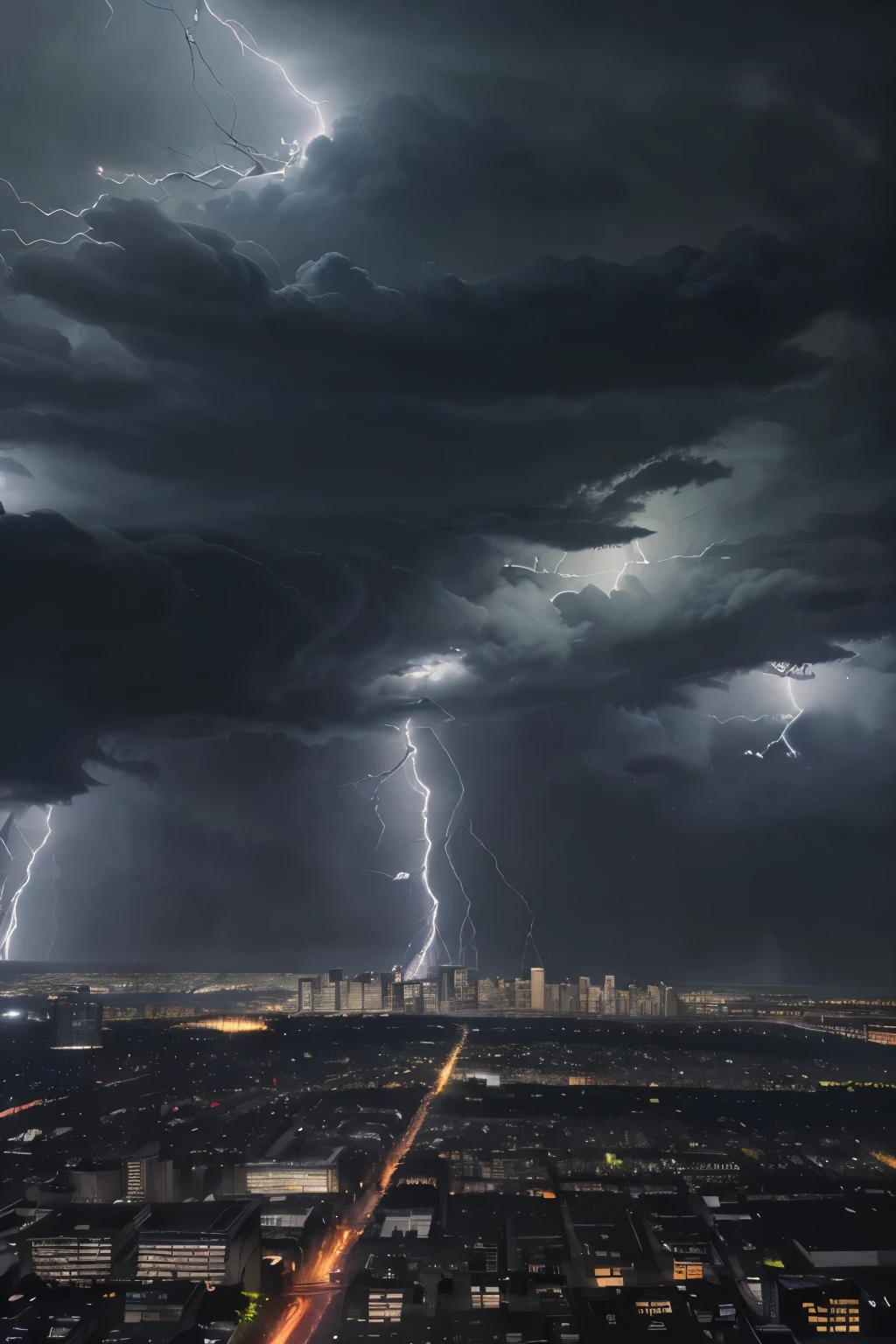 (highres,best quality:1.2),dark storm approaching a city at night, tall buildings, people watching in awe, dramatic lighting, rain-soaked streets, distant thunder, heavy clouds rolling in, lightning bolts illuminating the sky, city lights reflecting in puddles, wet pavement glistening, suspenseful atmosphere