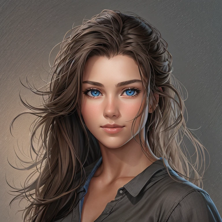 Epic realism, photorealistic, upper half body portrait, straight posture from the front, 30-year-old beautiful young woman, elegant straight posture, perfect face, long brown hair, rebellic windy hairstyle, perfect blue-brown eyes, attractive confident and encouraging gaze, perfect mouth, slight smile, straight upper body with a white top, normal bust size, white-gray background, natural warm light.8k, hdr