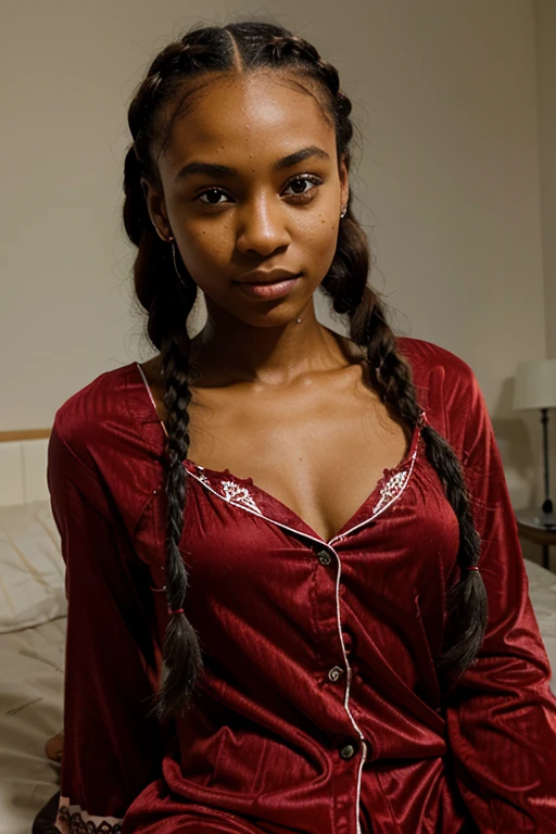  Noemi black African woman with braided hair green eyes, eighteen years old. is wearing red pajamas with straps 