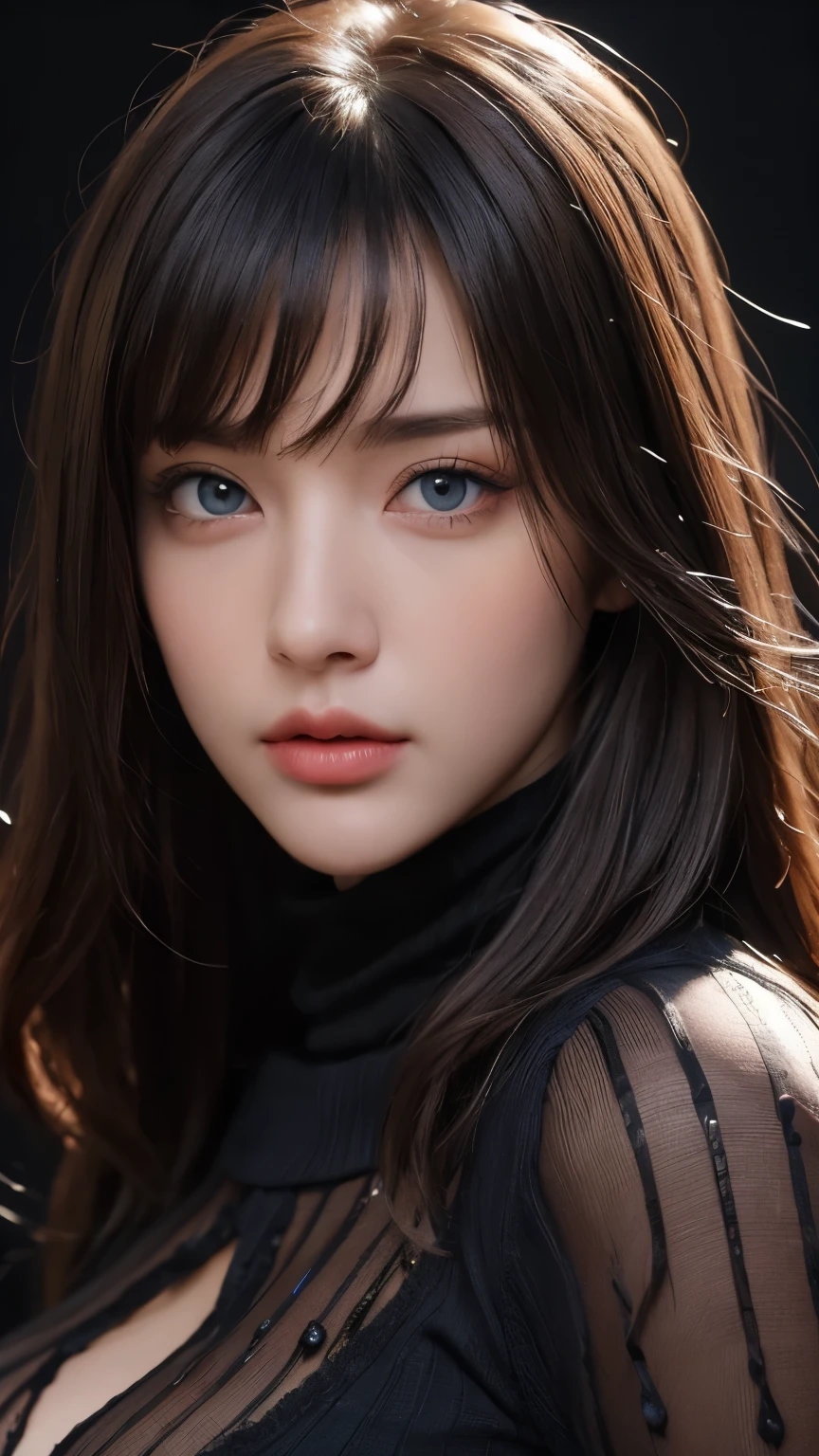 masterpiece, best quality, ultra-detailed, intricately detailed hyperdetailed, realistic, sharp features, highly detailed, sharp focus, perfect face, perfect face, perfect symmetrically perfect eyes, perfect full lips, flexible female form, cinematic, film light, hyper detailed, hyper realistic, high resolution, vibrant, dynamic studio lighting, ((Dark background)), Sexy face, Facial expressions when receiving pleasure, straight Bangs, Big breasts, Exposed cleavage, blue Eyes,black sweater, cowboy shot,