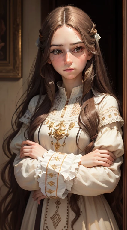 oil painted, Renaissance, pretty, Modest, Shy, Serious girl with long brown hair, brown eye, looking at the camera, Slavic appearance, Strict linen dress with beadwork, soft light, high quality textures, higly detailed, canvas texture, realistness