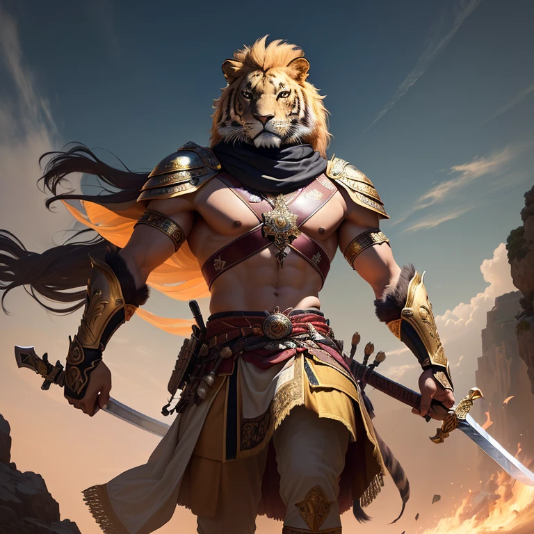 a close-up of a lion with a sword in his hand, lion warrior, poderoso guerreiro, guerreiro persa, epic and exquisite character art, antigo guerreiro, arte conceitual de um guerreiro, inspirado em Li Kan, inspirado em Kailash Chandra Meher, picture of an adult guerreiro masculino, anthropomorphic tiger, guerreiro masculino, Ashoka Tano, guerreiro de fantasia