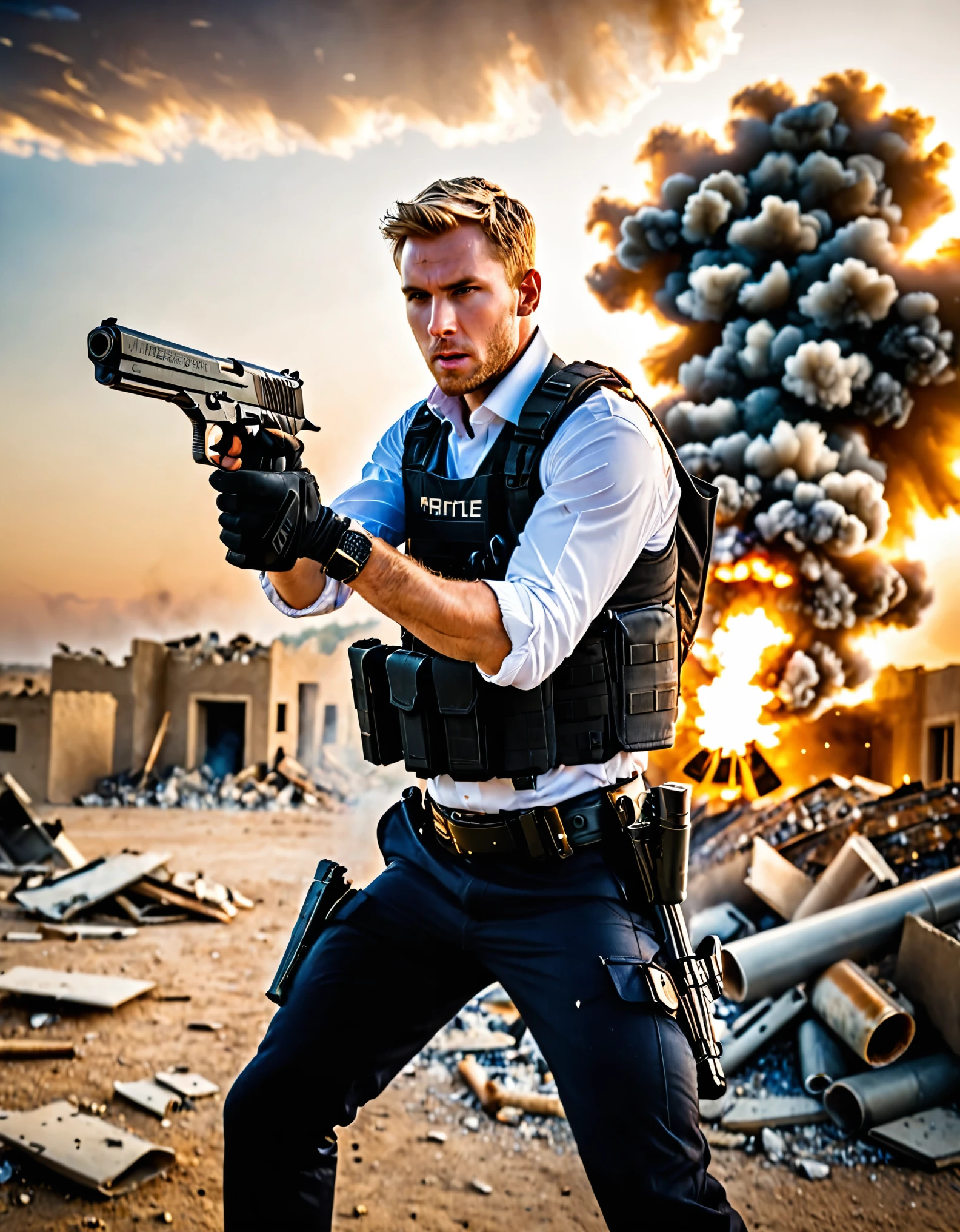 1man, early-thirties male, (holding, holding gun, weapon, gun, aiming, firing, pistol, shooter, casing ejection, shell casing, smoke, smoking gun, muzzle flash), blurry, blurry foreground, empty desert, (blonde hair, combed back hair), hazel eyes, building, burning, cloud, cloudy sky, day, debris, depth of field, destruction, explosion, fire, sky, (drop-down pistol holster, handgun, pistol, holstered pistol), (helicopter, helicopter hovering above), male focus, military, motion blur, outdoors, rubble, sunset, uniform