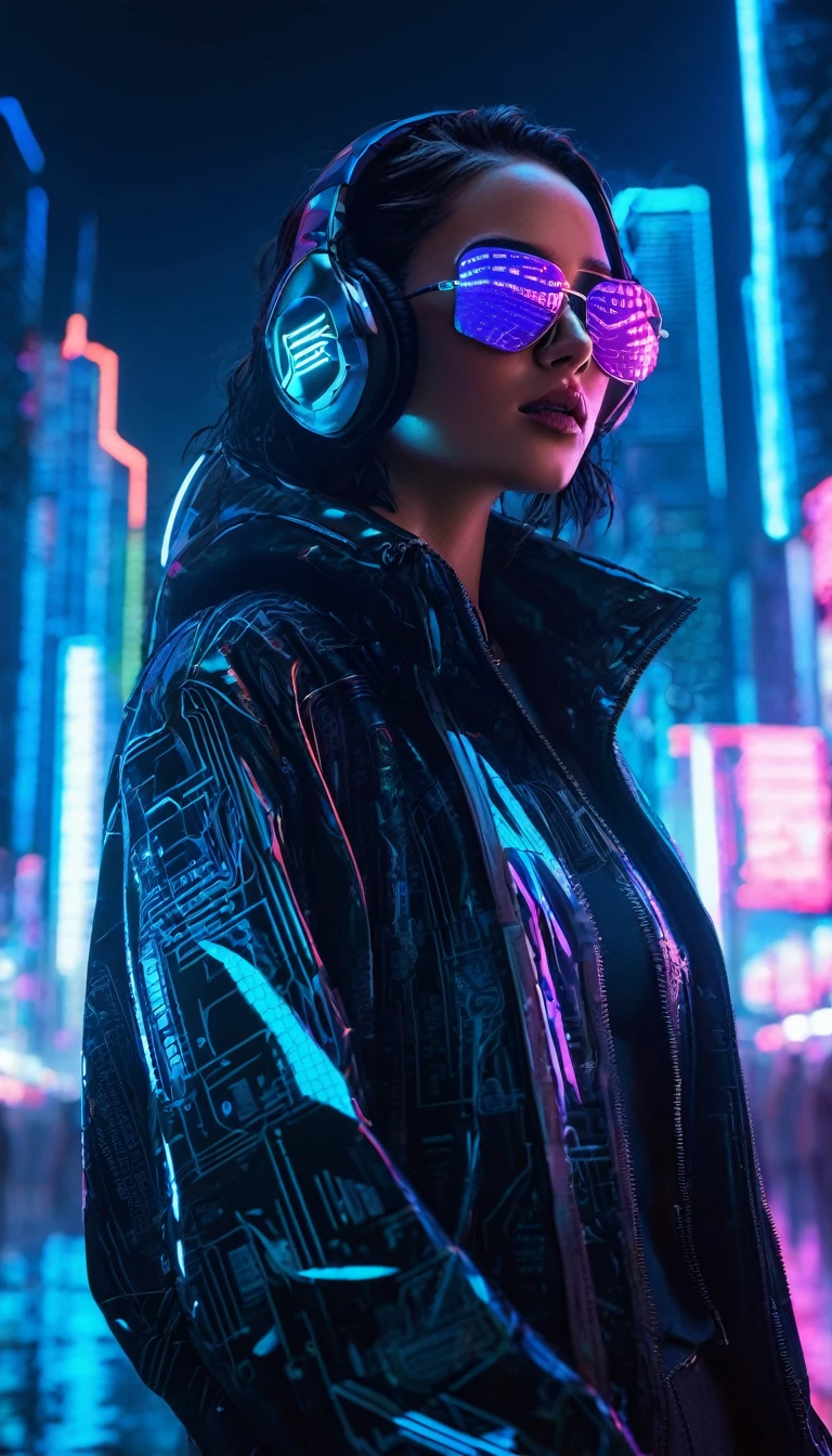A stunning cinematic portrayal of a cyberpunk girl, standing confidently with an air of mystery. She sports reflective sunglasses with a circuit board reflection, a stylish jacket adorned with wires, and large, futuristic headphones. The background is a dimly lit, neon-lit cityscape, with towering skyscrapers and holographic advertisements. The overall atmosphere is a blend of gritty urban life and advanced technology., cinematic