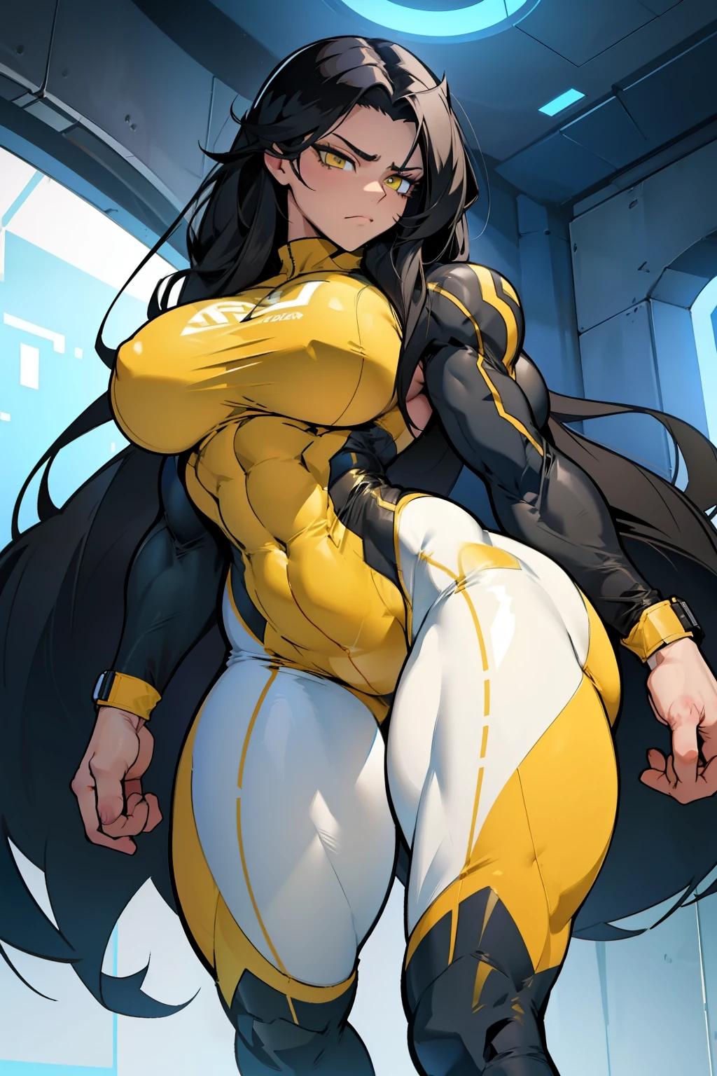 solo, 1 girl, (very long hair), black hair, yellow eyes pale skin (wide hips thick thighs curvy muscular toned body bodybuilder huge tits) skintight suit sad full body