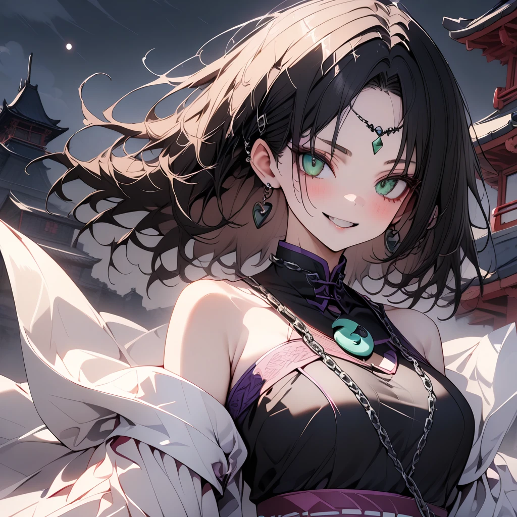 1girl, shrine maiden clothes, black long china dress, castle, white haori, black long cheongsam, long Qipao, Off-Shoulder, green eye, brown hair, medium hair, black nail polish, forehead jewel, evil smile, pale skin, purple obi, moonlight, magatama earring, piercing, darkness, chain, yin yang, black loafers, long skirt, green eyes, gripping shining mechanical sword in hand, master piece, best quality, best aethetic, beautiful art, (sharp focus), (depth of field), (high res), (perfect face), (detailed outfit), very aesthetic, newest, masterpiece, best quality, very aesthetic, absurdres