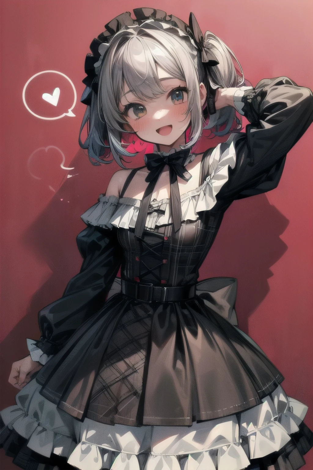 ((Masterpiece)), ((best quality)), (messy lineart:1.2), (super detail:1.2), (High Definition), (Professional Photography:1.2), ((12 years old)), cinematic lighting, cute teenage girl, Plaid dress, (Off-Shoulder dress), hoop dress, bow, (lolita fashion), (Vibrant Pose), exposed bare shoulder and arms, lolita style, , cute smile, open mouth, pretty, , portrait of lolita girl, emo style, red checker, (against the Colorful pastel wall), ribbon belt, ((spoken heart)), Melted Chocolates,