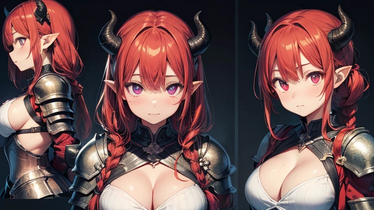 (Masterpiece, best quality), detailed, character sheet, many items (the same person, medieval royal armor, demonic heavy armor, fullplate armor, many parts), athletic, busty, demon, demon girl, detailed beautiful purple eyes, detailed face, pointy ears, red hair and white skin, braided ponytail, demon horns, full of details.