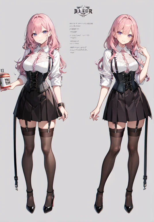 pink hair,Long hair,Adult female,Bartender,((Body harness)),((Rolling up your sleeves shirt)),(Corset),(Tight skirt),Garter belt,High heels,((Simple background)),Smile,((Full body)),((whole body)),Character Sheet,