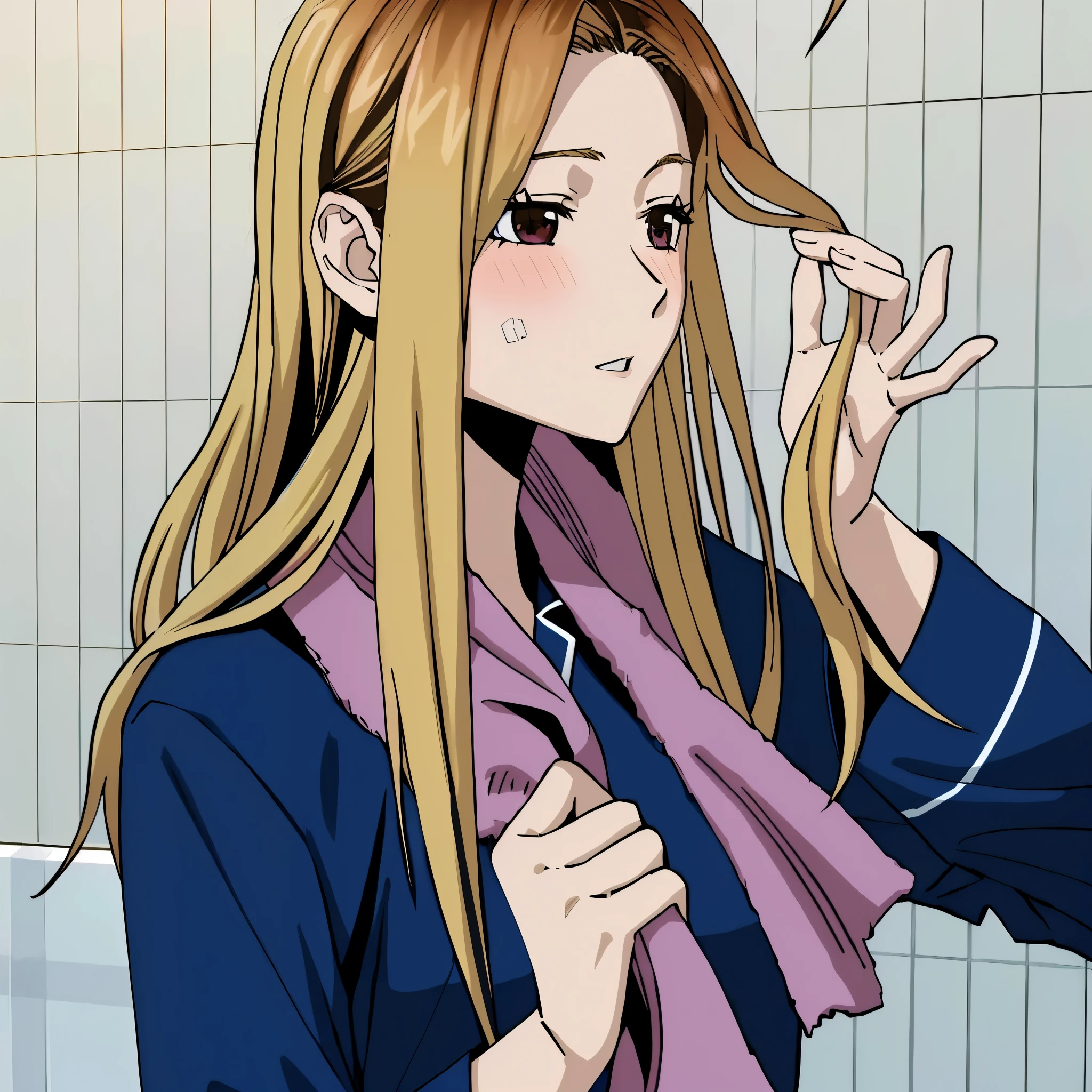 anime girl with long blonde hair and blue shirt and pink scarf, blonde anime girl with long hair, coloured manga scan, marin kitagawa fanart, anime girl with long hair, anime girl named lucy, female anime character, colored manga, digitally colored, beautiful anime high school girl, sui ishida art manga, aya takano color style, colored manga panel