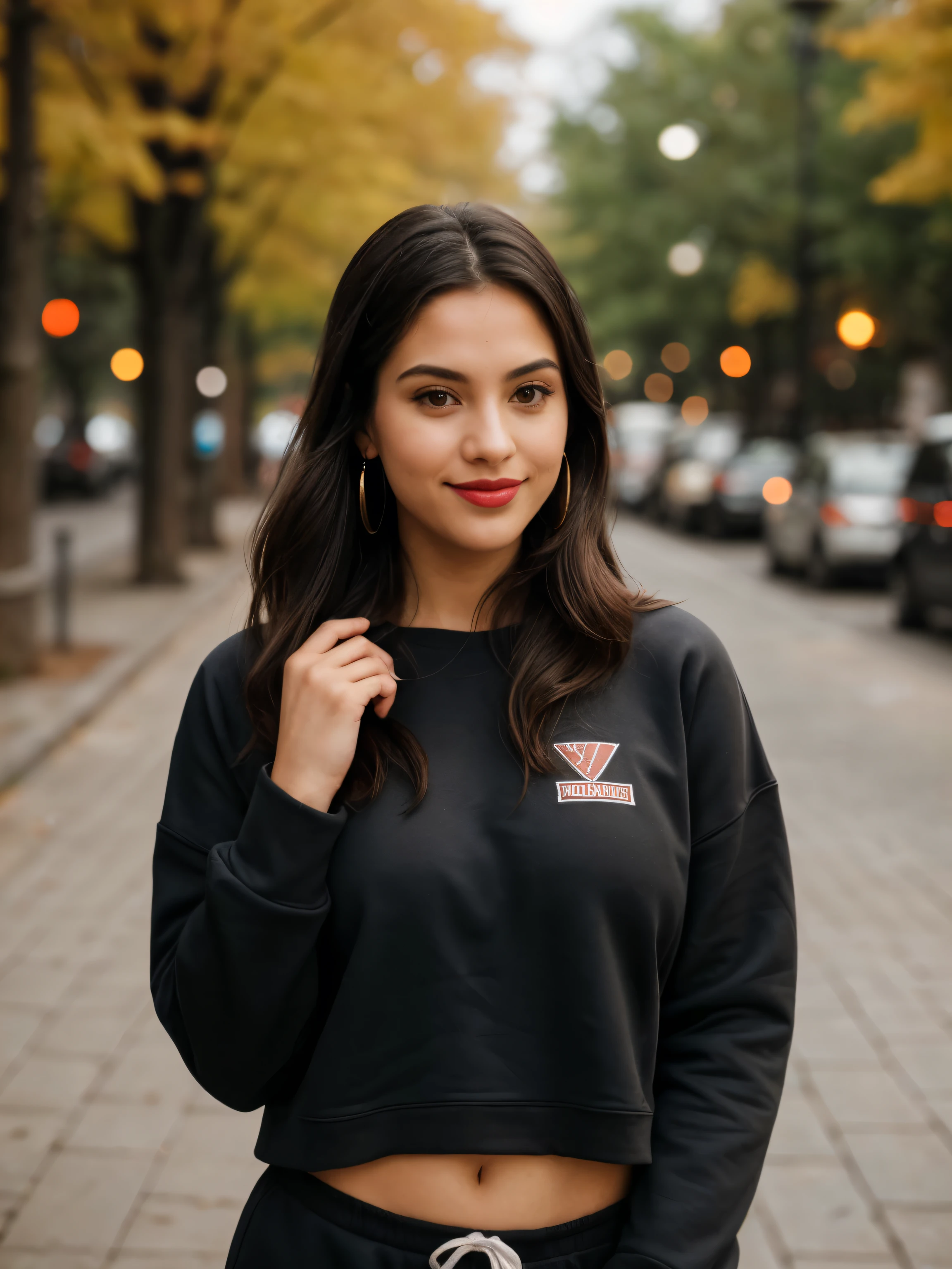A half body photo of a attractive woman 20 y.o., NSFW, flashing, (:1.1),
Sweatpants and sweatshirt, Maven, Tall, Athletic, Triangular Face, Fair Skin, long black Hair, brown Eyes, [[Curved Nose]], Thick Lips, Round Chin, Instagram model, cheerful smile, big breasts, Dangle earrings, coral stain lipstick,
Masterpiece, hi res, 8k, award winning, RAW photo, high quality, 35mm photograph, film grain, bokeh, professional, 4k, highly detailed, 