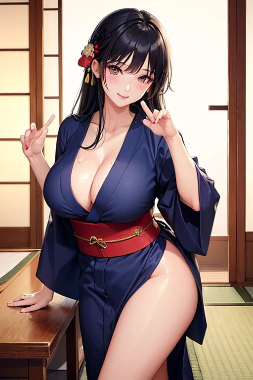 (highest quality: 1.3), (masterpiece: 1.3), (Super Detail: 1.3), (wallpaper, One Girl: 1.1)、(Detailed hands and fingers:1.2)、(Ultra-oily, lustrous skin with attention to detail:1.1)、(Yukata at the ryokan:1.2)、Black Hair、Long Hair、Straight hair、Beautiful sister、smile、(Ryokan rooms:1.2)、(Beautiful big breasts:1.3) 、Japanese-style room、(Sexy pose:1.8)、standing、 Landscape