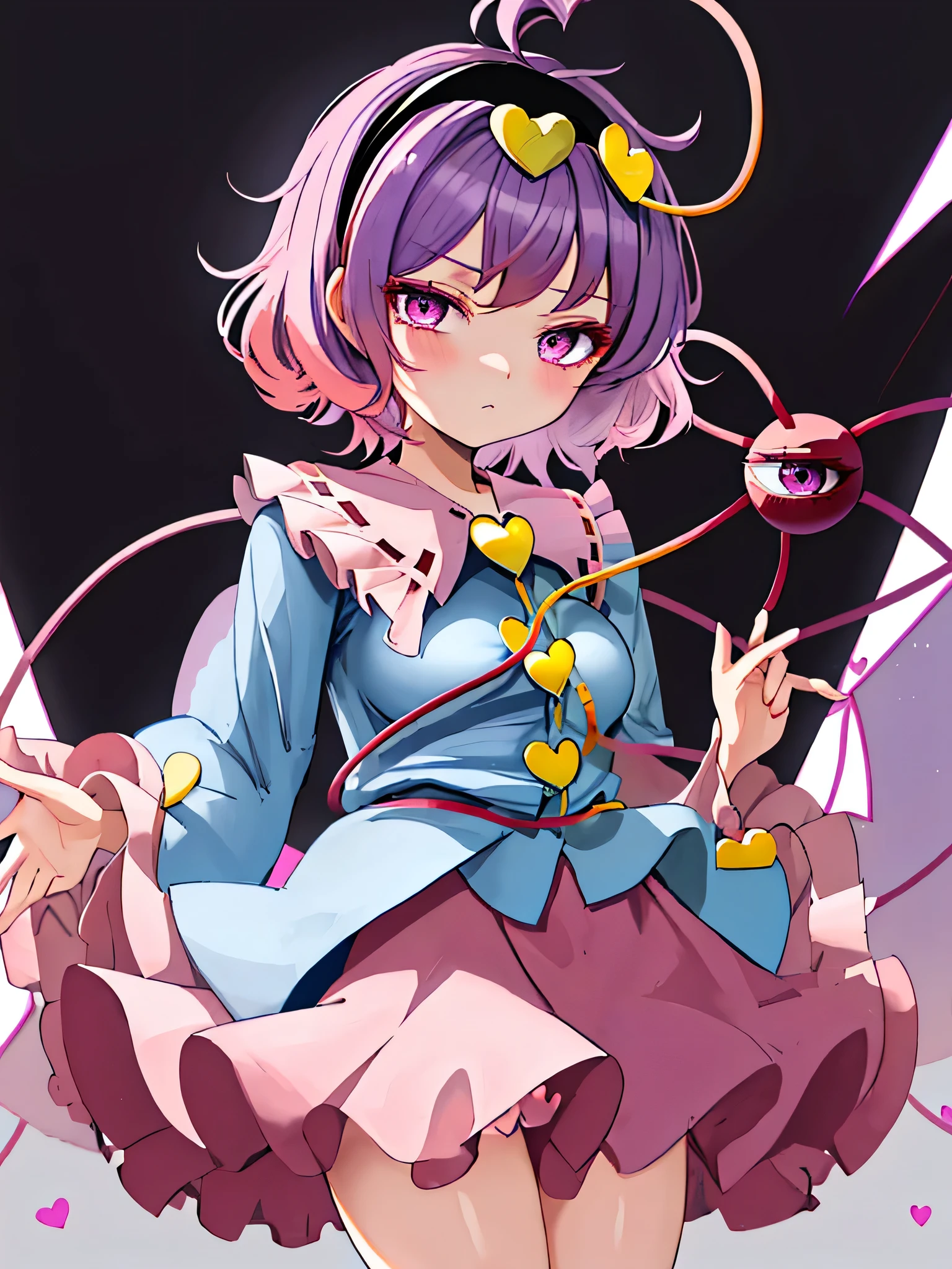 best quality, masterpiece, highres, solo, {komeiji_satori_touhou:1.15}, heart, short_hair, hairband, pink_hair, third_eye, pink_eyes, blush, hair_ornament, heart_hair_ornament, 1girl, black_hairband, blouse, blue_shirt, large breasts, closed_mouth, expressionless, frilled_shirt_collar, frills, looking_at_viewer, messy_hair, purple_eyes, purple_hair, ribbon_trim, shirt, simple_background, heart_button, eyebrows_hidden_by_hair, portrait, ribbon-trimmed_collar, upper_body, white_background, detailed face, detailed eyes, detailed hair