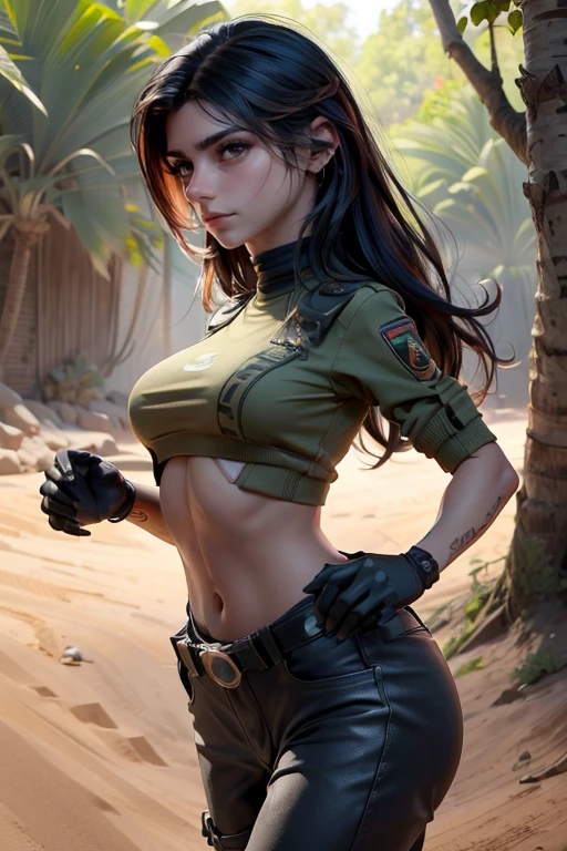 Beautiful and fearless female soldier, cuerpo en forma, top militar, hombros descubiertos, pelo rubio oscuro, brazo del tatuaje, sosteniendo un arma grande, corriendo en la jungla, cara con todo detalle, ojos asesinos, Alto detalle, realista, Calidad de la foto, alta calidad, (photorealista:1.4), Muy detallado, Obra maestra, Sombra de alta calidad,
