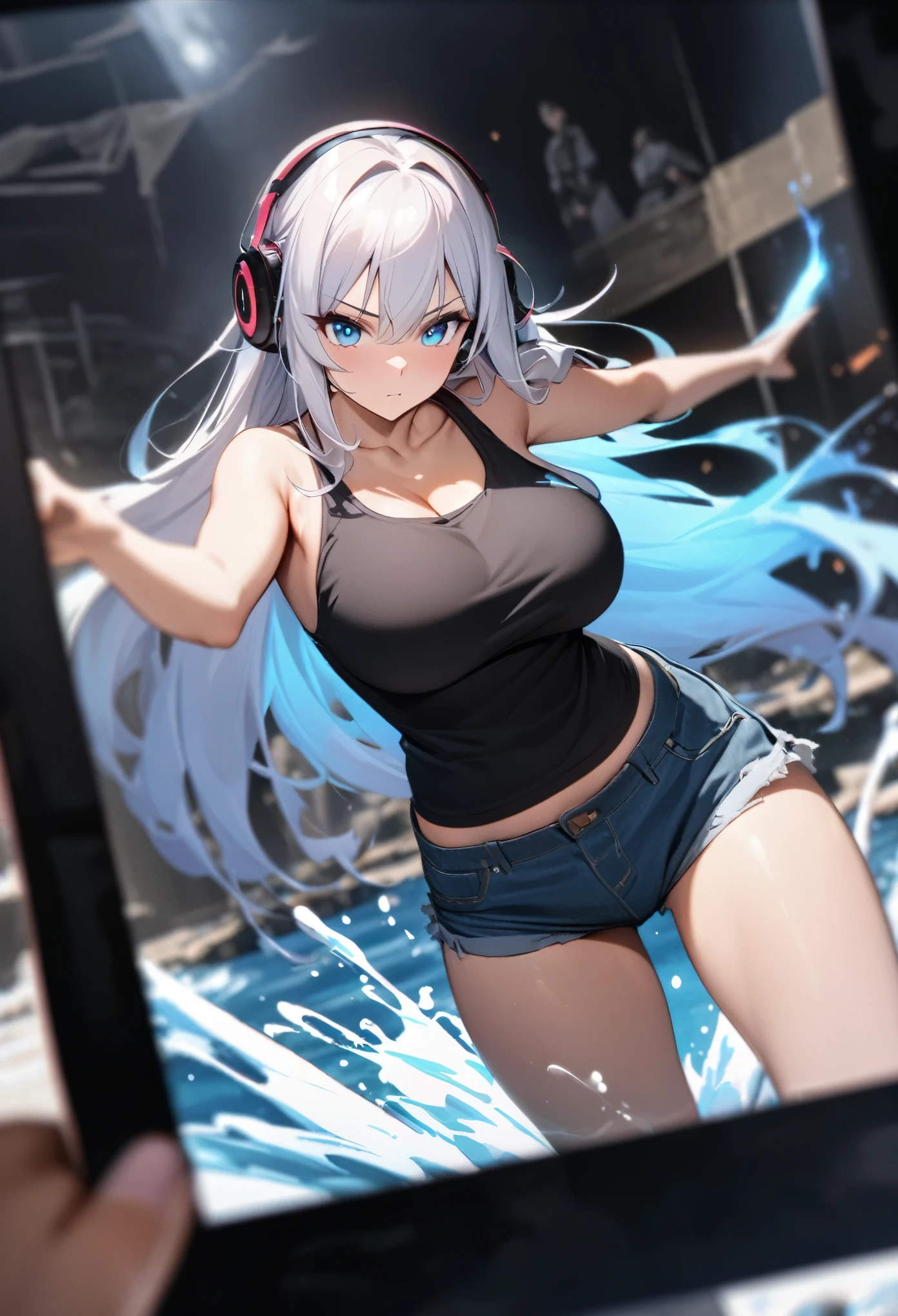 最high quality, Best image quality, masterpiece, With a girl ((Black tank top, Short denim shorts, 18-year-old, teenager, cute, Best Bust, Large Breasts, Beautiful glowing blue eyes, Wide Chest, Pink semi-long hair, Slender body, Large Breastsの谷間, With sniper rifle, Headphones, glowing back jet, Combat pose, photograph, splash, ), high quality, Beautiful art, background ((Space Battlefield)) ), depth (Earth), Tabletop, depth of field, Cinematic