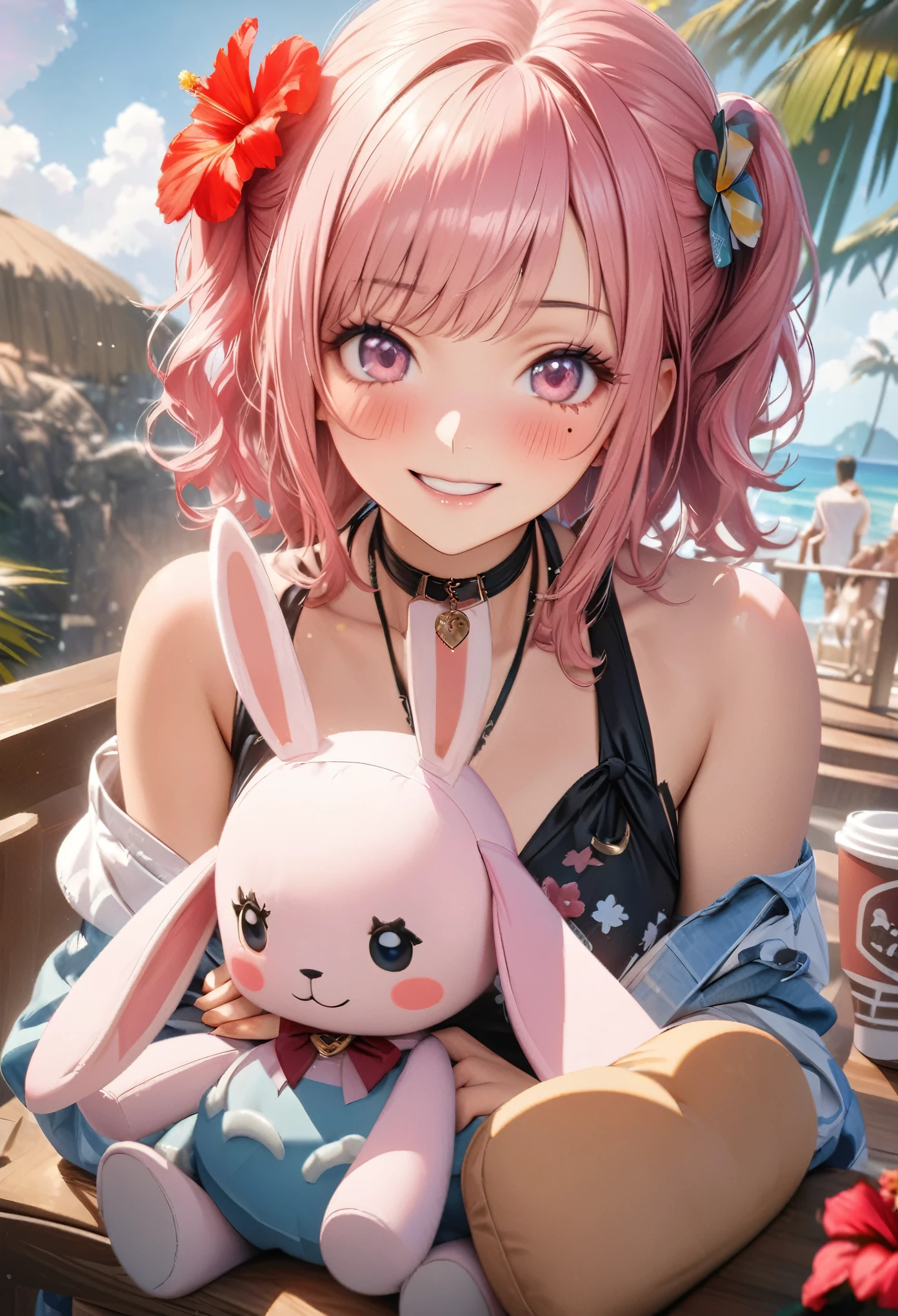 masterpiece, highest quality, Very detailed, High resolution, High resolution, High resolution, 4K, 8k, unity 8k wallpaper, Very detailed CG, masterpiece, Realistic, Beautiful details, depth, Fine texture, highest quality: 1.3, Total concentration, Perfect Skin, boyfriend, Very cute anime, Cute like an idol, 背のexpensiveピンクのセミロングヘア, One Girl, Aloha One Piece, Cute stuffed rabbit, Sea turtle stuffed toy, Palm tree, greeting, Hibiscus hair accessory, smile, afternoon, Coffee Time,Long pink hair, whole body, Mole under the eye, sight, expensive, blush, Lips parted, His Art, Pink Eyes, choker