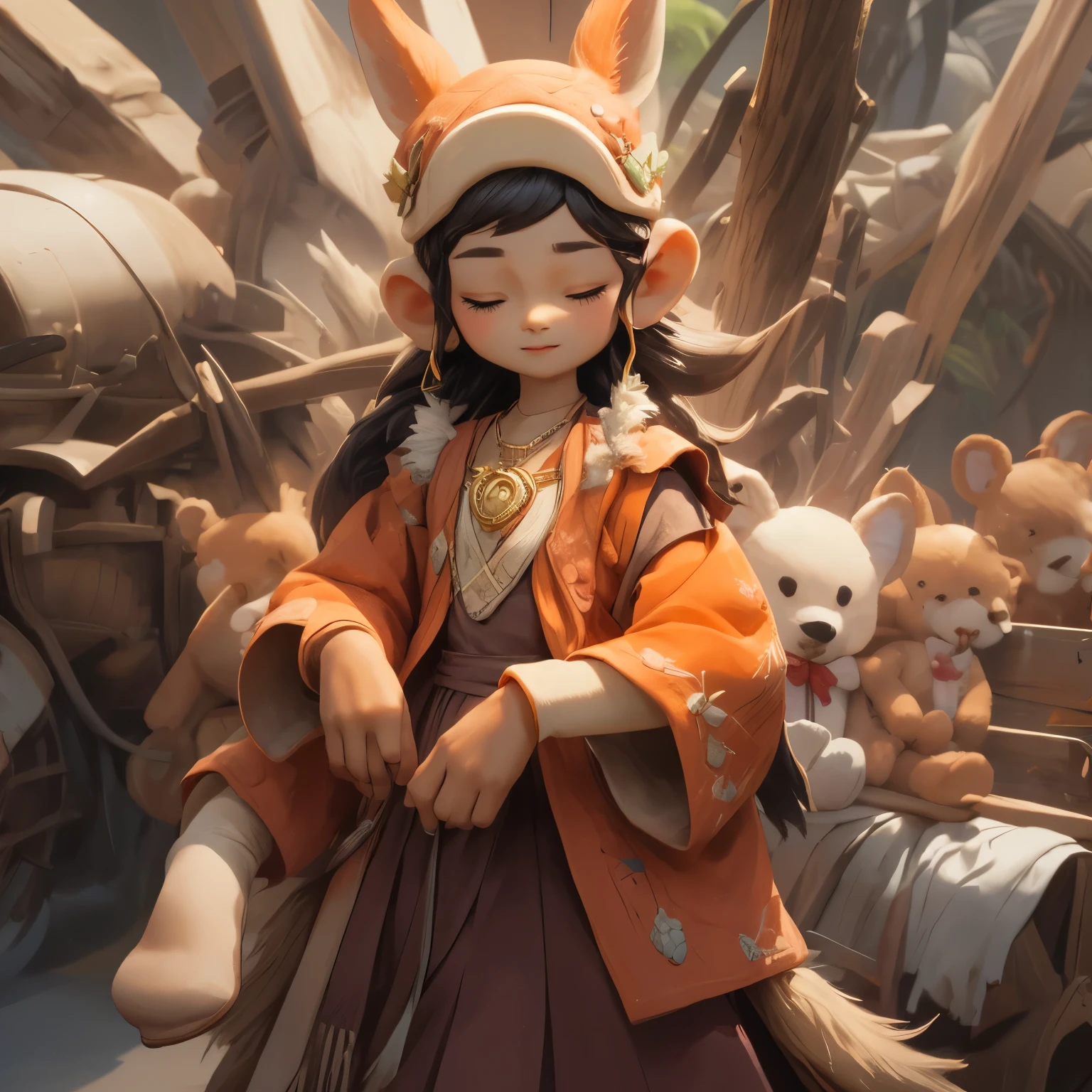 Closed eyes, necklace,plush toy,seams,no humans,cartoonized,solo,full_body,morning,masterpiece\(theme\),pmmkr2024, creature, best quality, trending on artstation,nice art,perfect art,nice detailed art,nice detailed body,nice detailed face,nice detailed hands,orange skin anthropomorphic, 1foxe female,she farmer,black hand,black feet,furry,dress,feminine