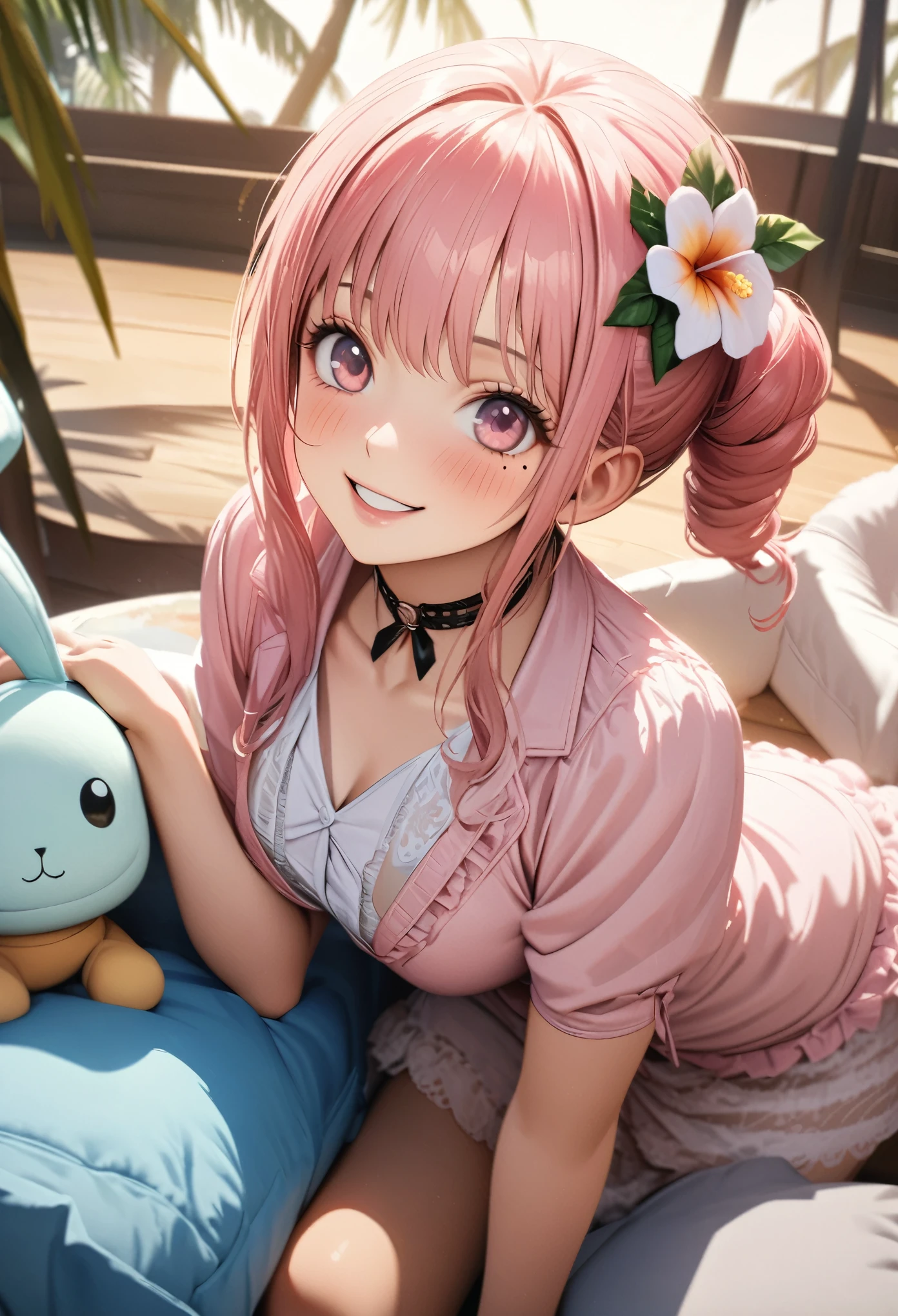 masterpiece, highest quality, Very detailed, High resolution, High resolution, High resolution, 4K, 8k, unity 8k wallpaper, Very detailed CG, masterpiece, Realistic, Beautiful details, depth, Fine texture, highest quality: 1.3, Total concentration, Perfect Skin, boyfriend, Very cute anime, Cute like an idol, 背のexpensiveピンクのセミロングヘア, One Girl, Aloha One Piece, Cute stuffed rabbit, Sea turtle stuffed toy, Palm tree, greeting, Hibiscus hair accessory, smile, afternoon, Coffee Time,Long pink hair, whole body, Mole under the eye, sight, expensive, blush, Lips parted, His Art, Pink Eyes, choker