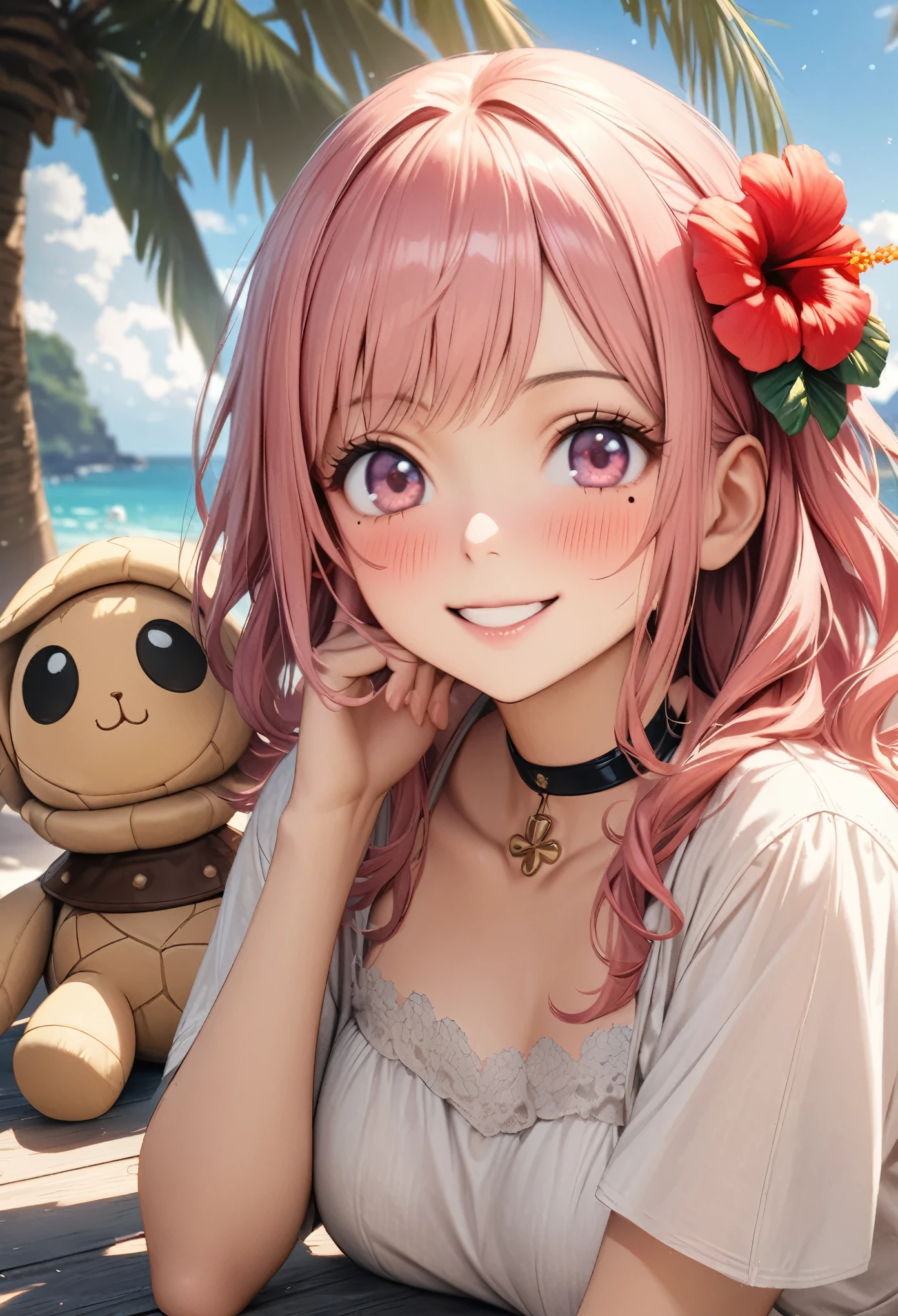 masterpiece, highest quality, Very detailed, High resolution, High resolution, High resolution, 4K, 8k, unity 8k wallpaper, Very detailed CG, masterpiece, Realistic, Beautiful details, depth, Fine texture, highest quality: 1.3, Total concentration, Perfect Skin, boyfriend, Very cute anime, Cute like an idol, 背のexpensiveピンクのセミロングヘア, One Girl, Aloha One Piece, Cute stuffed rabbit, Sea turtle stuffed toy, Palm tree, greeting, Hibiscus hair accessory, smile, afternoon, Coffee Time,Long pink hair, whole body, Mole under the eye, sight, expensive, blush, Lips parted, His Art, Pink Eyes, choker