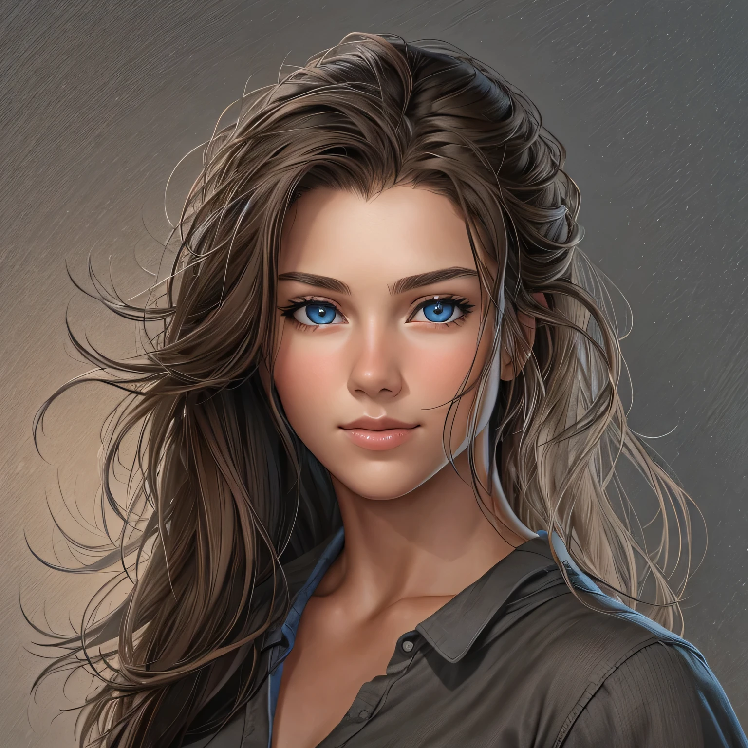 Epic realism, photorealistic, upper half body portrait, straight posture from the front, 30-year-old beautiful young woman, elegant straight posture, perfect face, long brown hair, rebellic windy hairstyle, perfect blue-brown eyes, attractive confident and encouraging gaze, perfect mouth, slight smile, straight upper body with a white top, normal bust size, white-gray background, natural warm light.8k, hdr