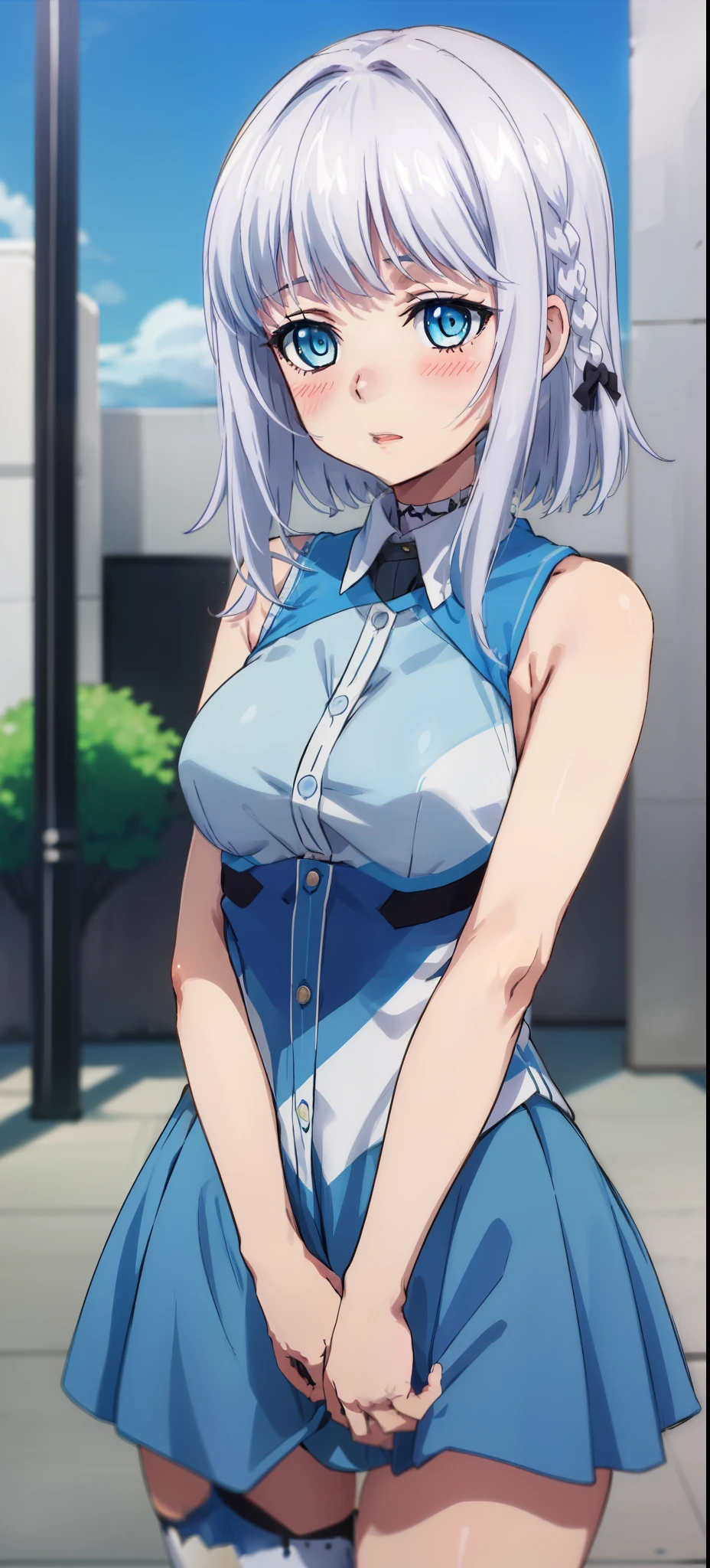 1 girl, kanon kanase, blush, medium breasts, sleeveless,((cowboy_shot, random blue clothes)), 30-year-old, healthy skin.